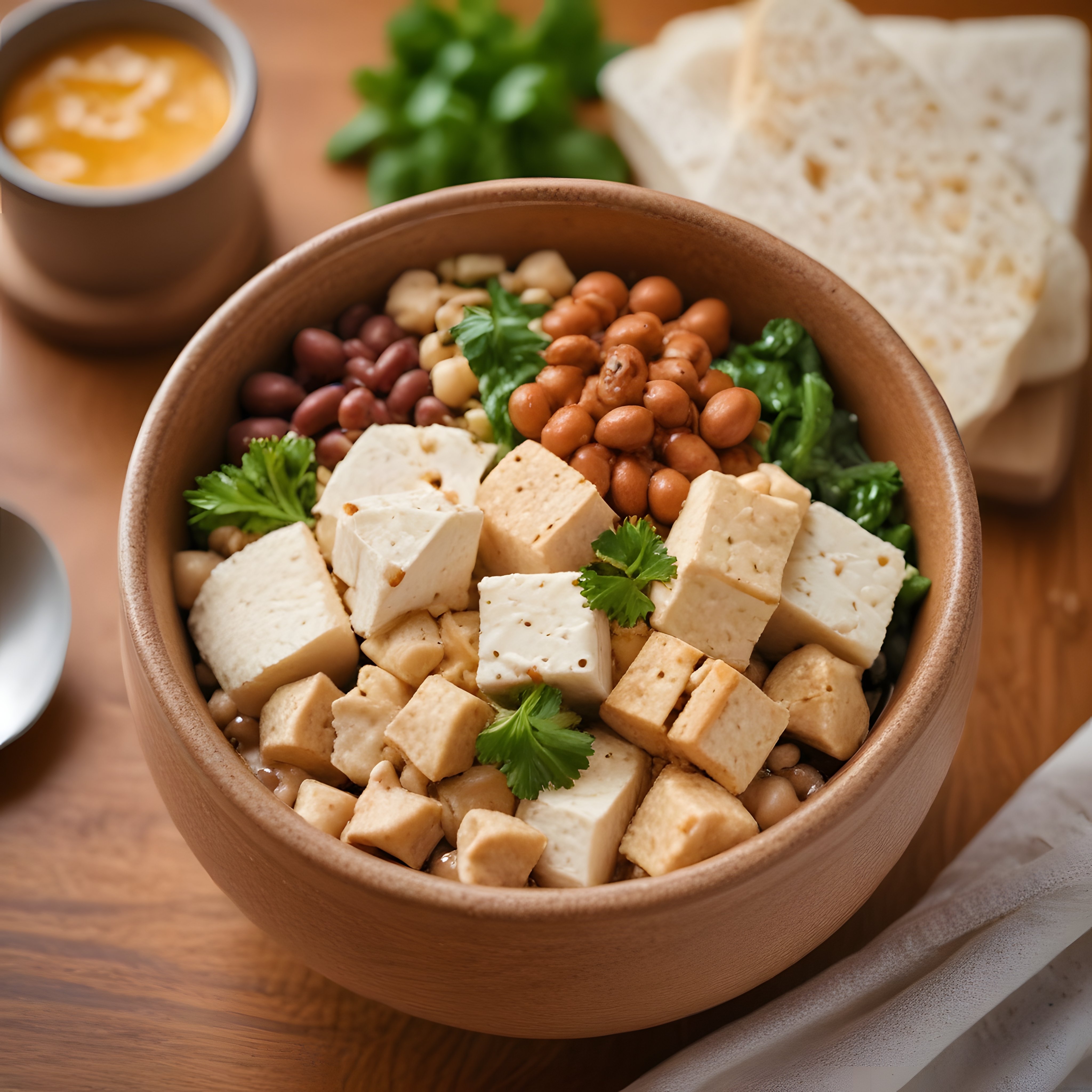 Besleyici Vegan Kase: Tofu, Bakliyat ve Taze Otlar Ahşap Sunumda