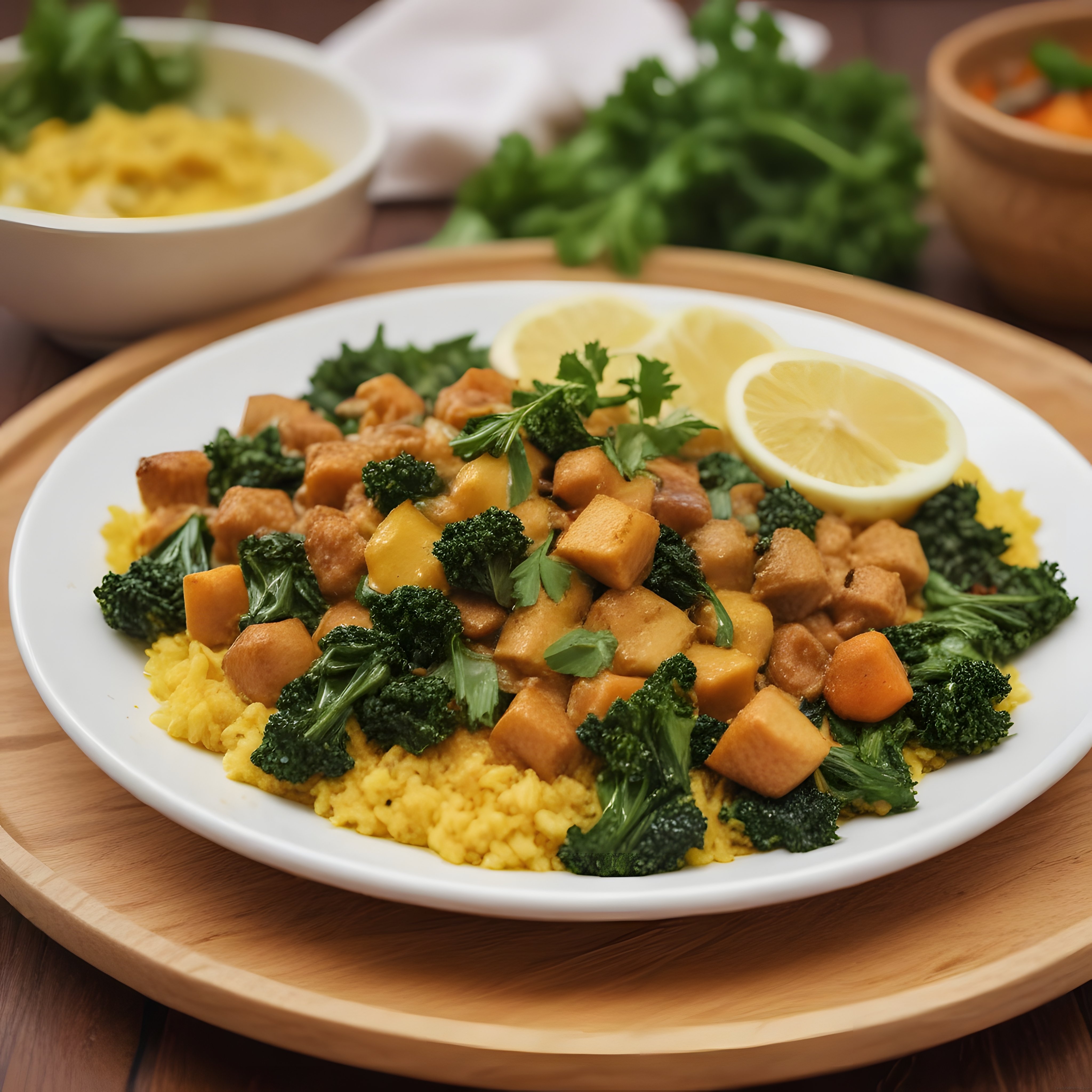 Besleyici Vegan Kase: Zerdeçallı Pirinç, Brokoli, Tatlı Patates ve Tofu