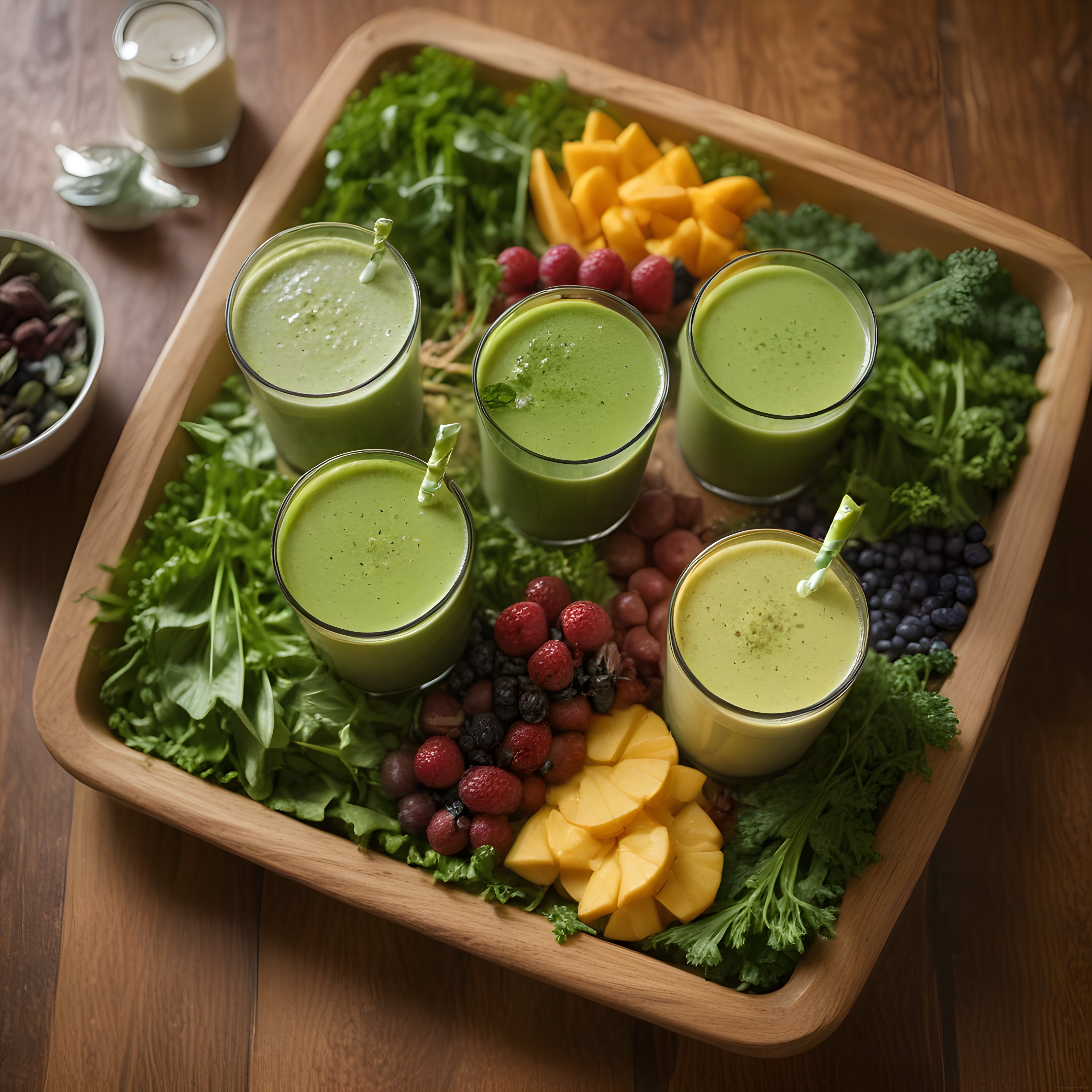 Besleyici yeşil smoothie kasesi: 5 farklı detoks içeceği ve taze meyveler