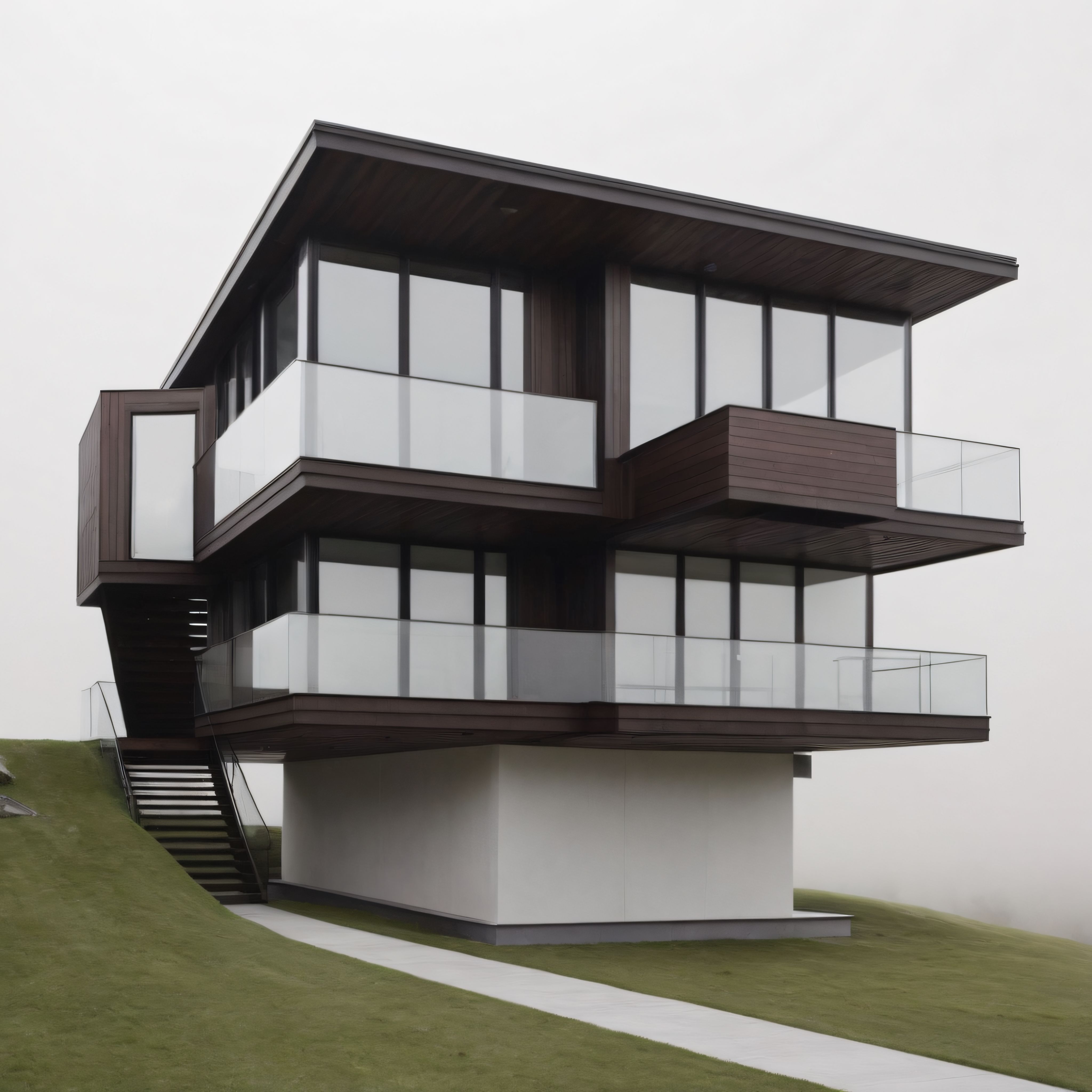 Beton pilotis üzerinde yükselen, cam balkonlu ve ahşap detaylı çağdaş mimari villa