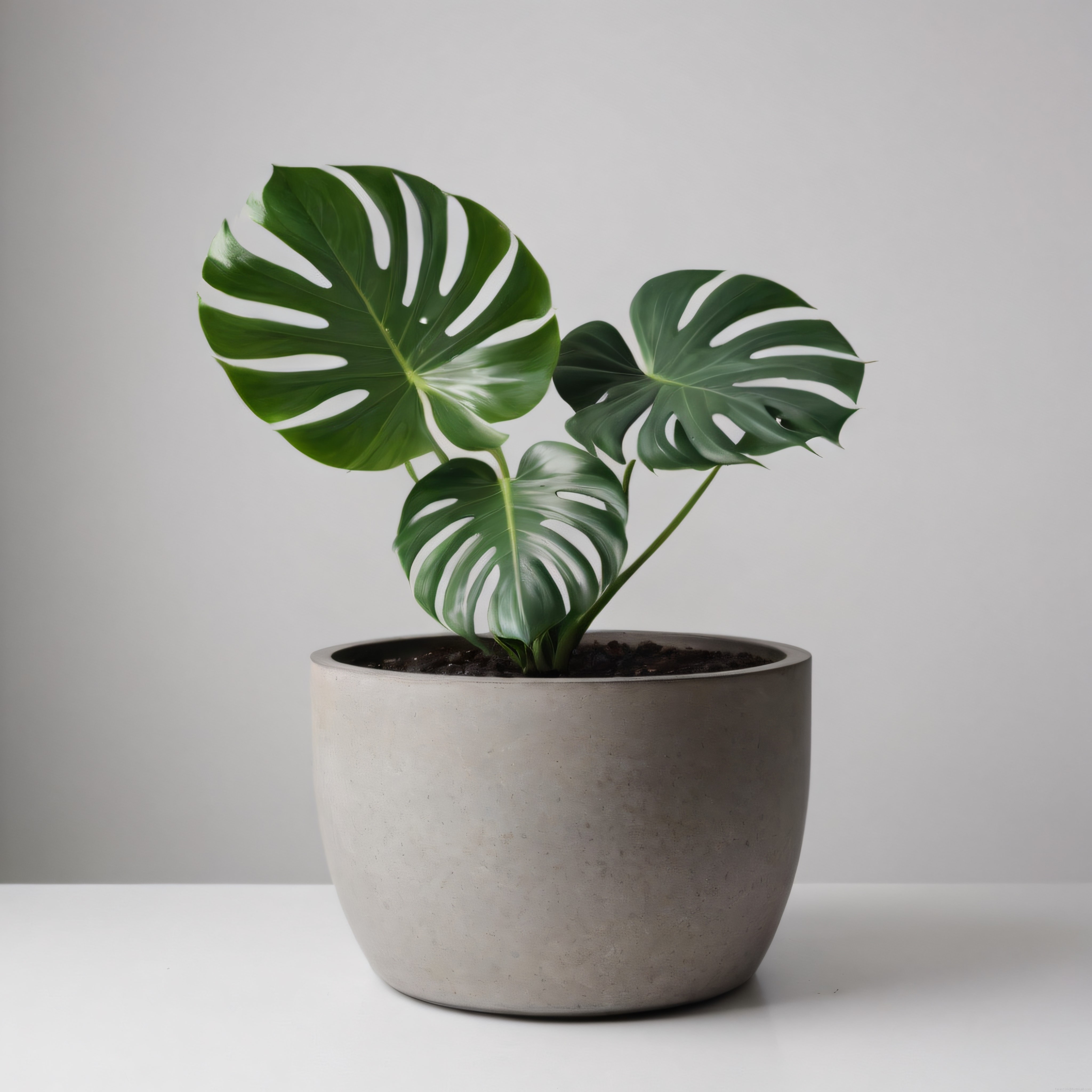 Beton Saksıda Canlı Yeşil Monstera Bitkisi ile Minimalist İç Mekan Dekoru