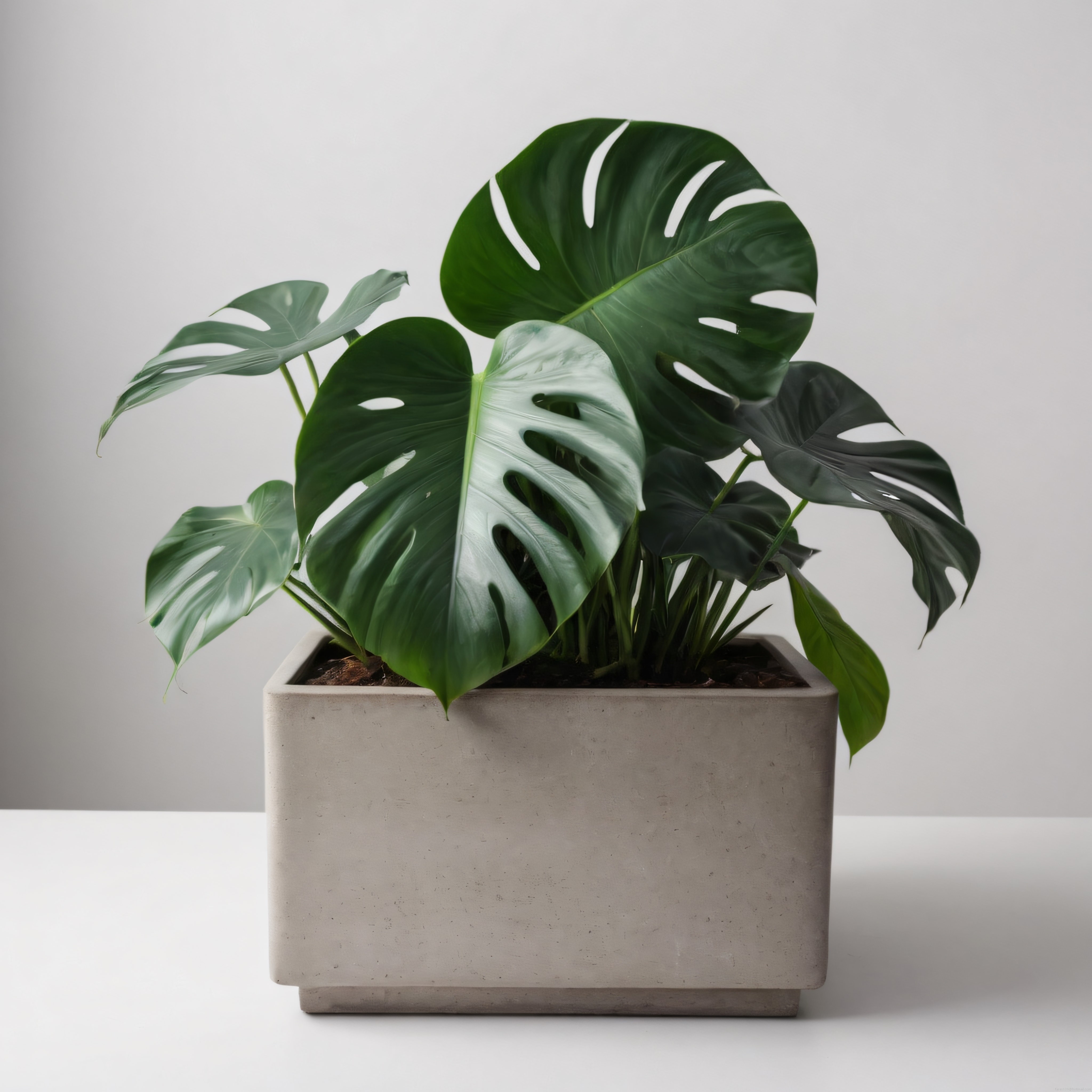 beton saksıda dekoratif monstera bitkisi ve modern iç mekan stili