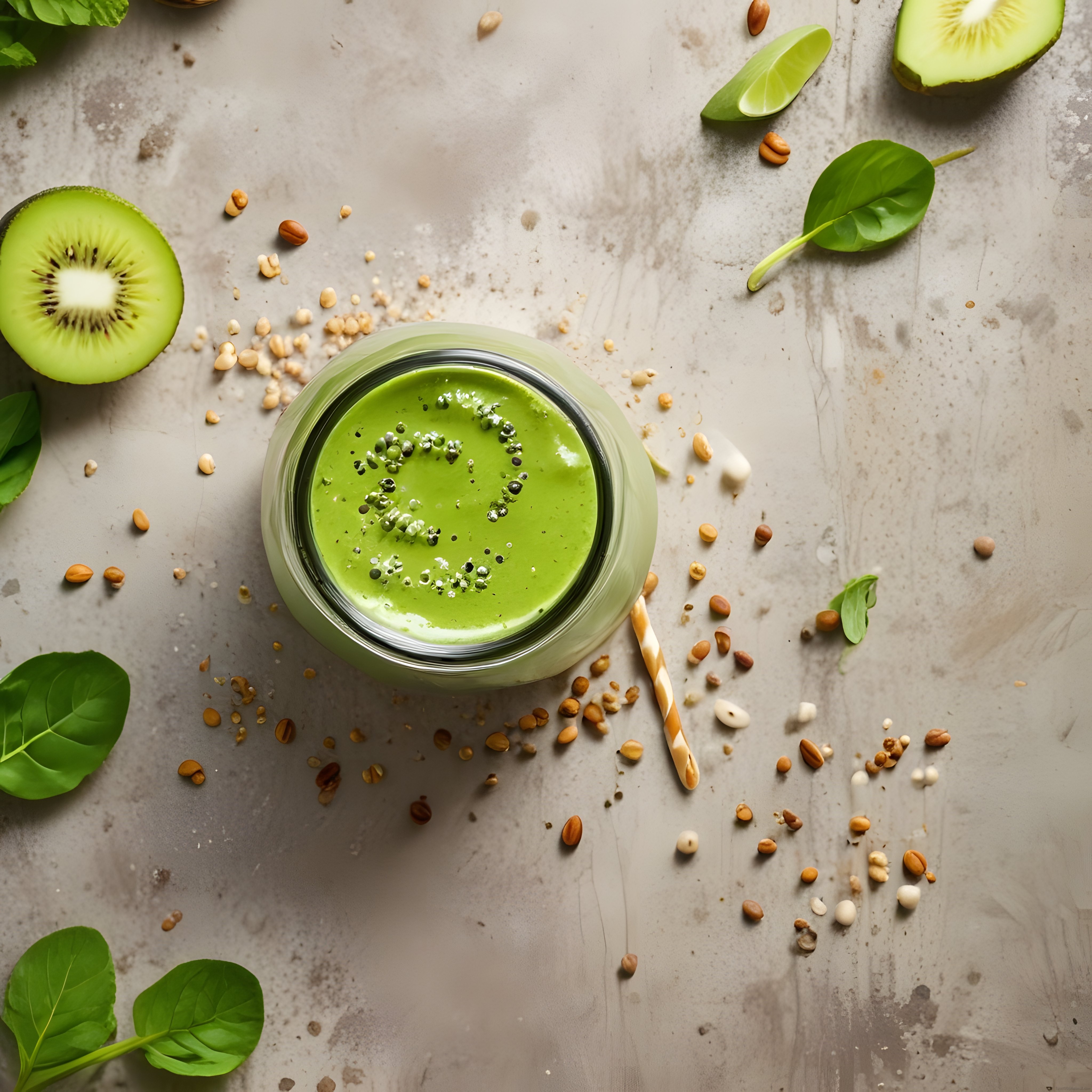 Beton Zemin Üzerinde Kivili ve Ispanaklı Yeşil Smoothie Kavanozu