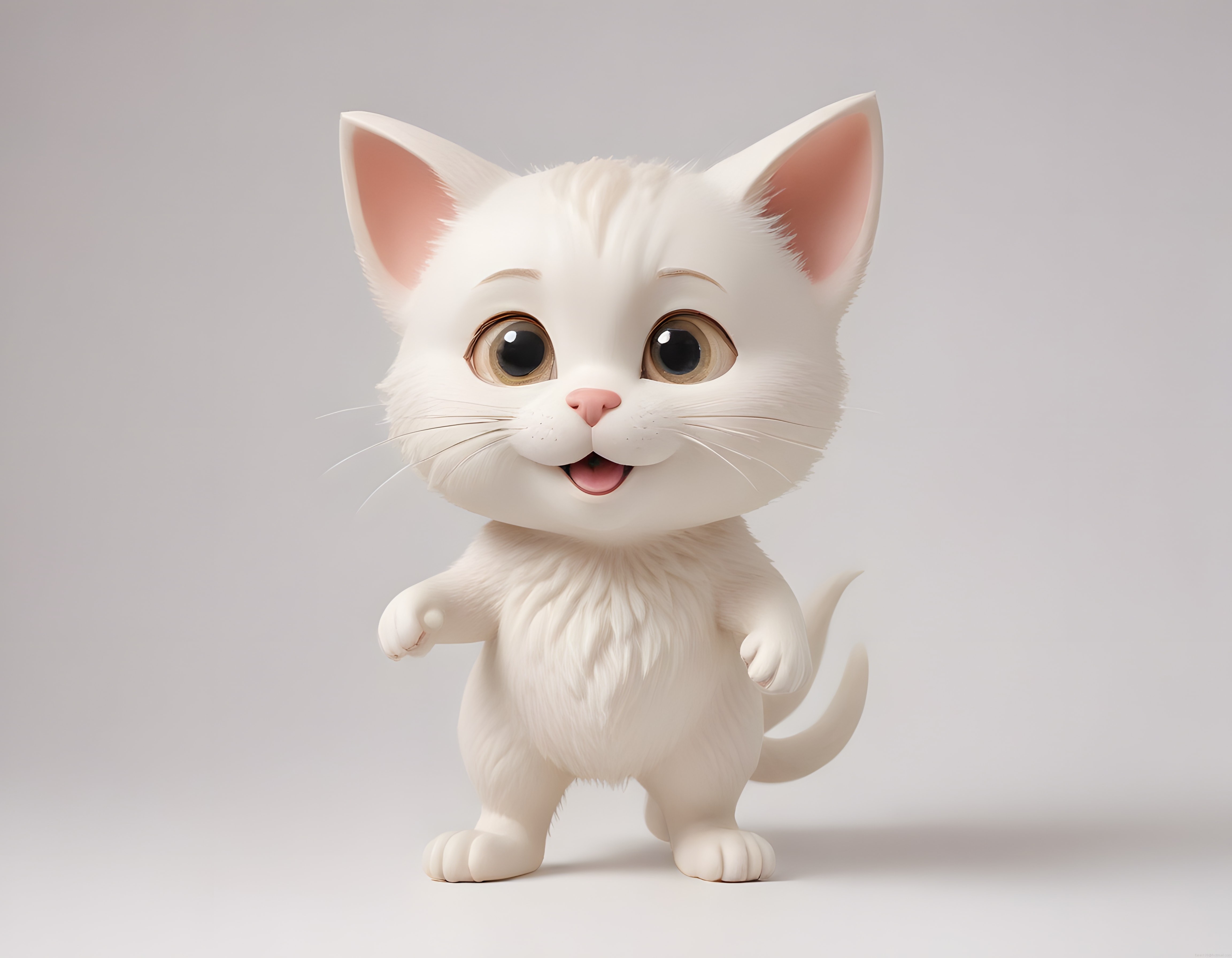 Beyaz 3D Animasyon Kedi Karakteri: Büyük Gözlü Sevimli ve Şirin Yavru Kedi Tasarımı