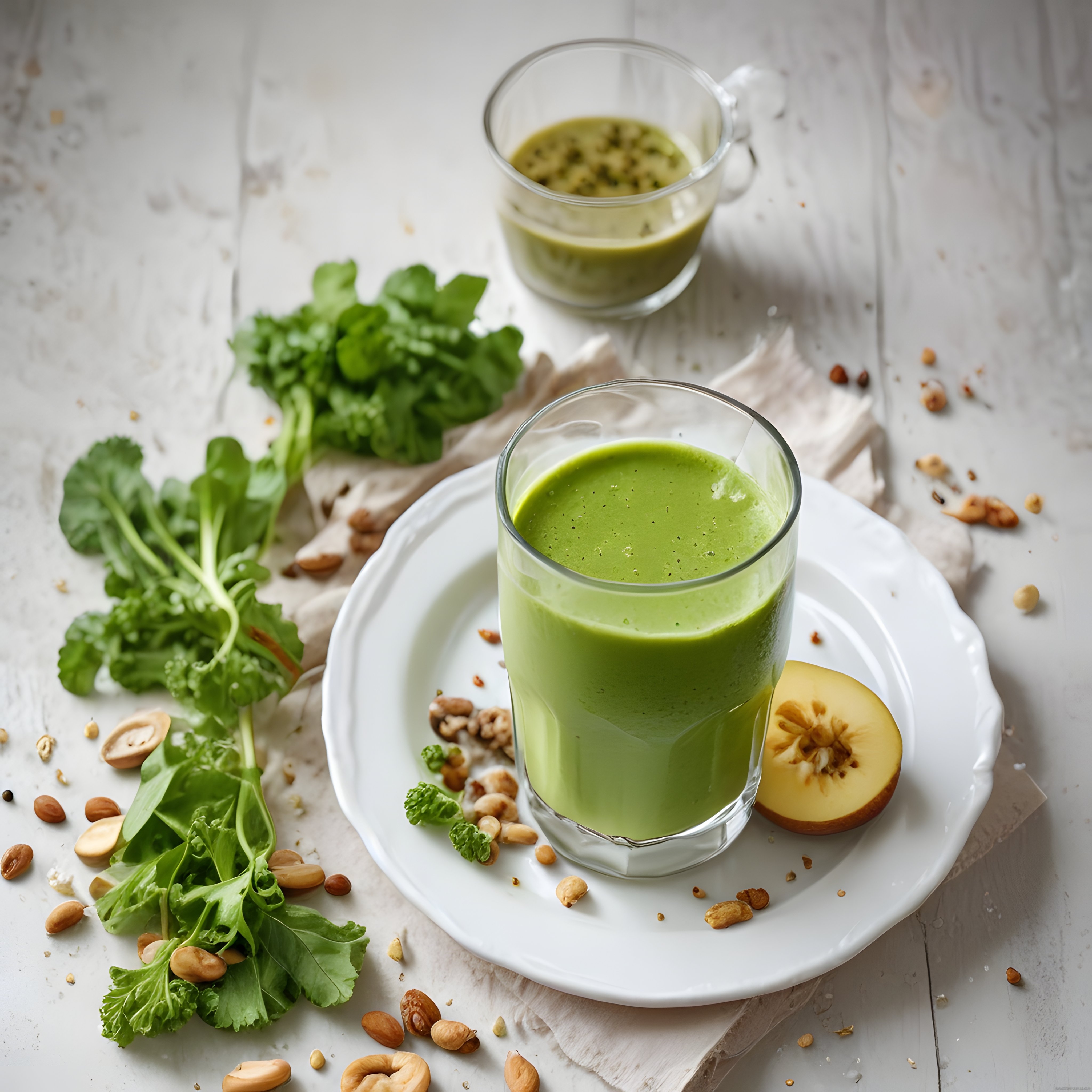 Beyaz Ahşap Masada Taze Yeşil Smoothie ve Kuruyemişlerle Sağlıklı Beslenme