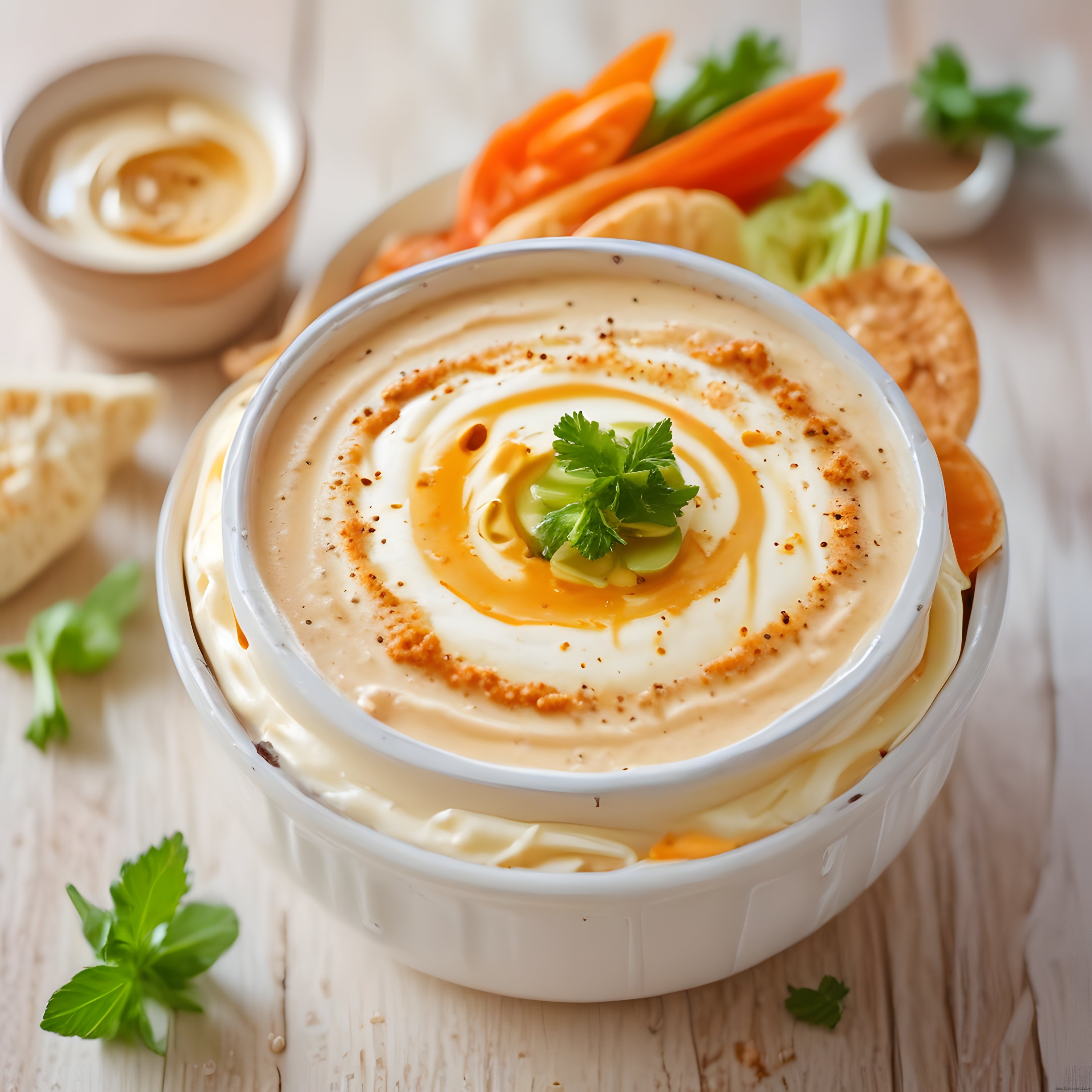 Beyaz Ahşap Masada Zeytinyağı Süslemeli Kremalı Humus ve Taze Sebzeler