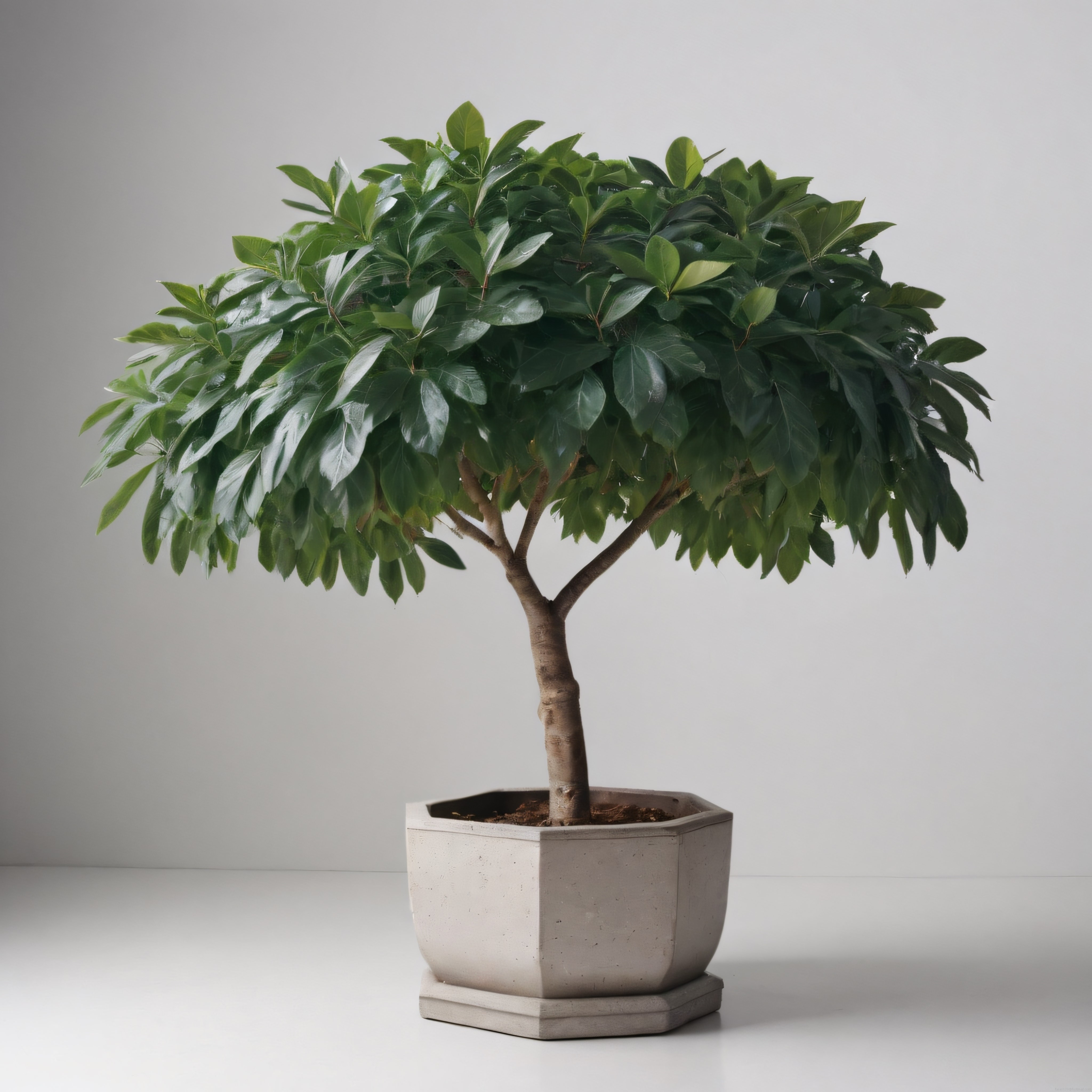 Beyaz Arka Fonda Beton Saksıda Dekoratif ve Canlı Yeşil Bonsai Ağacı