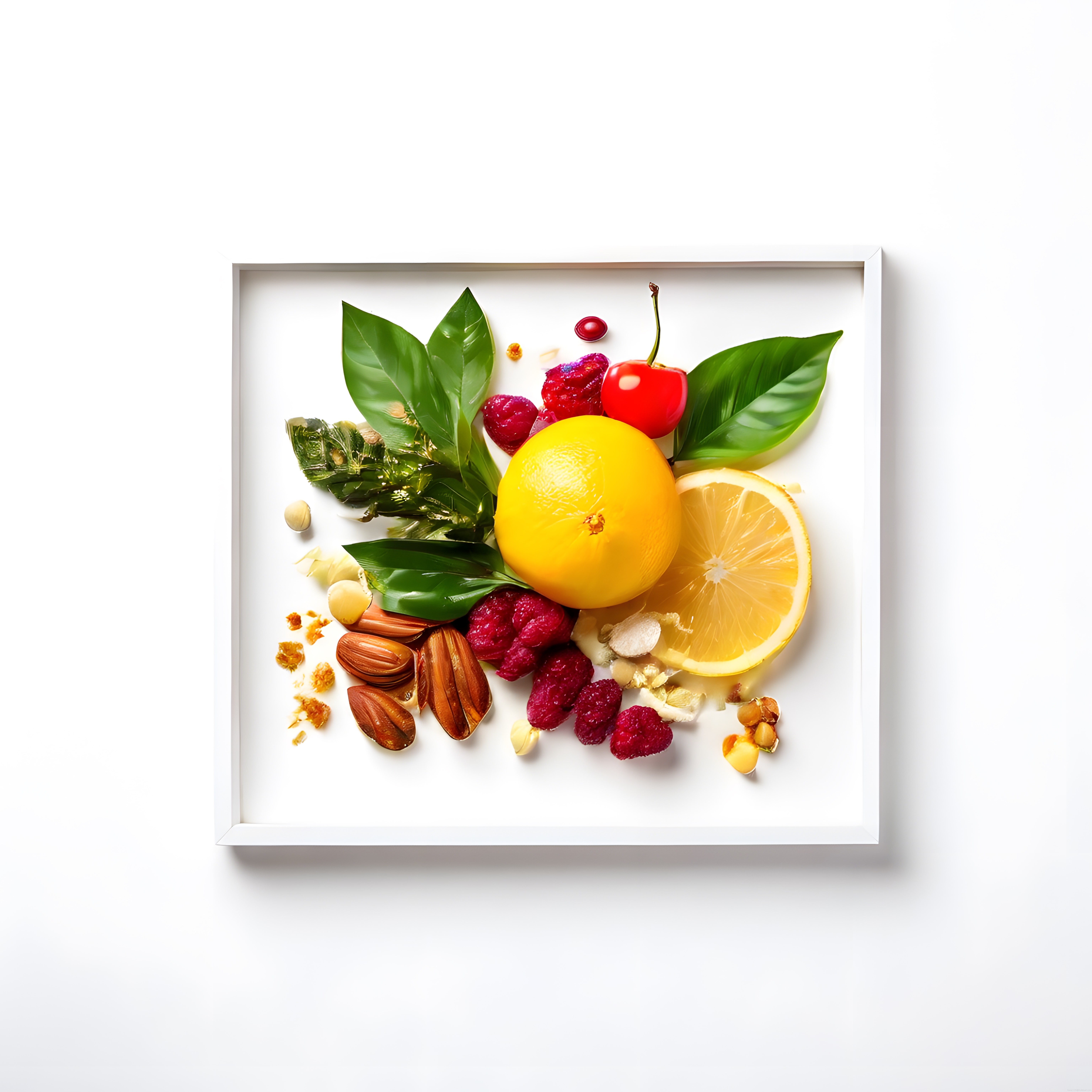 Beyaz Arka Fonda Limon, Kiraz ve Ahududulu Sanatsal Flat Lay Gıda Fotoğrafı