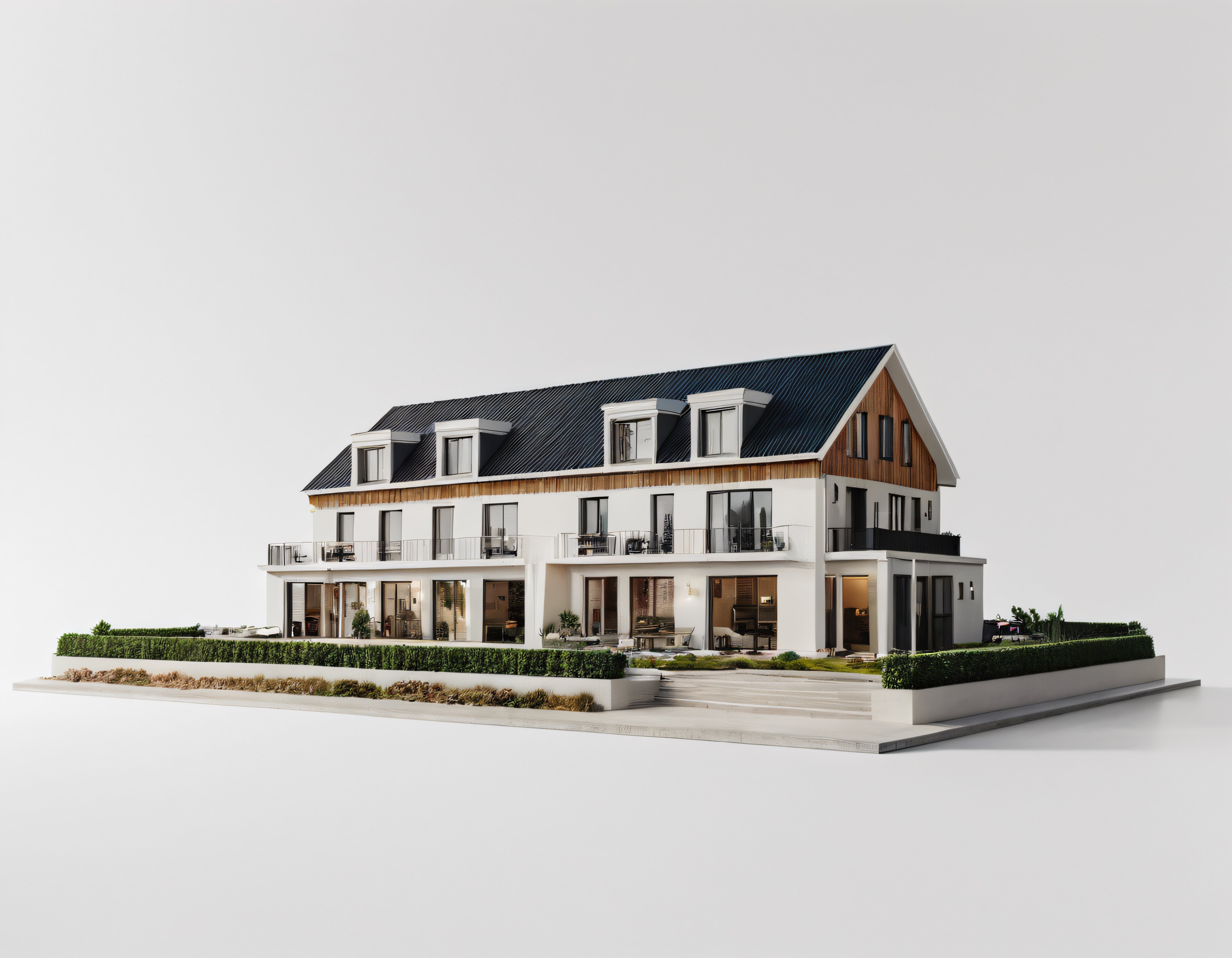 Beyaz Arka Plan Üzerinde Modern Çatı Katlı Lüks Villa ve Bahçe Tasarımı