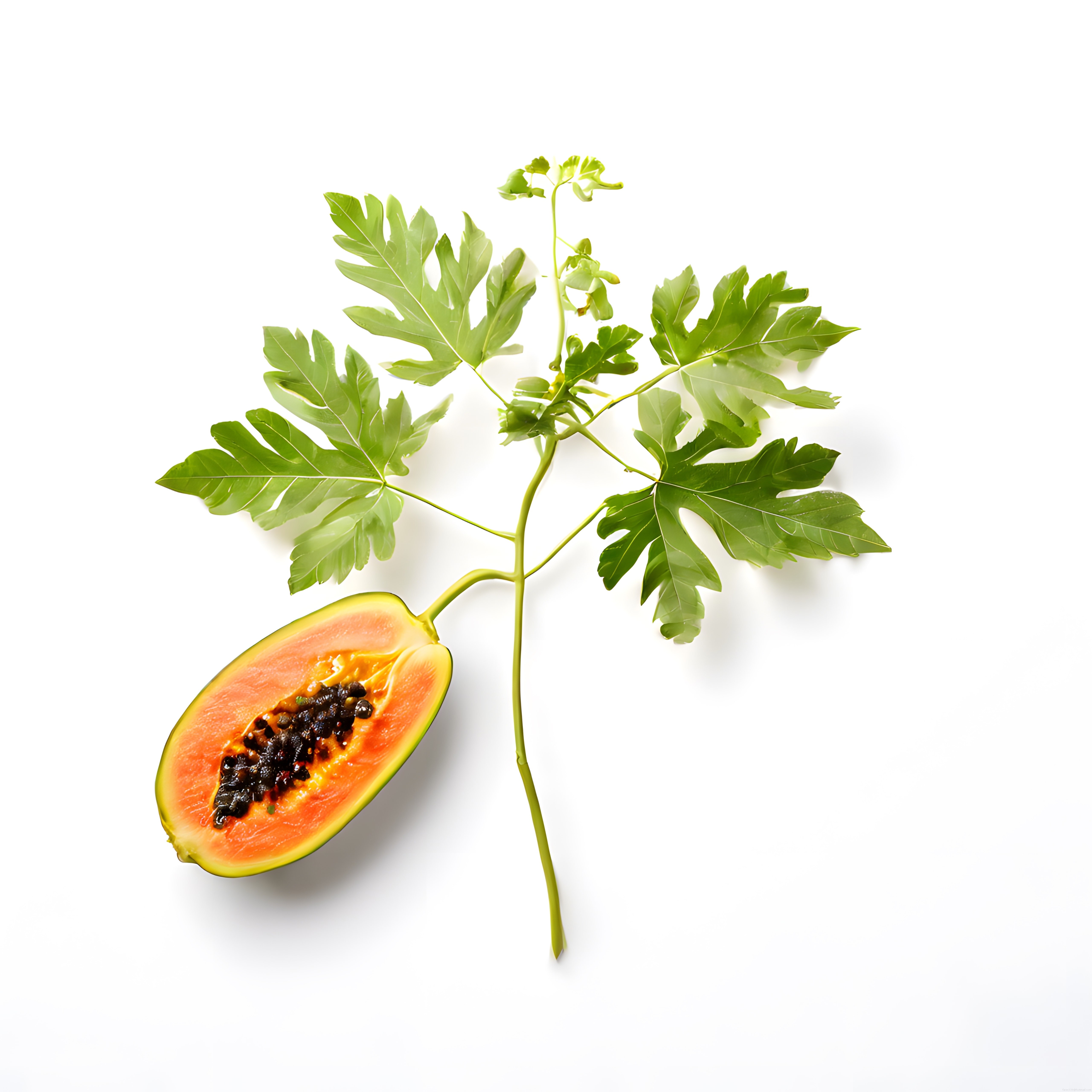 Beyaz arka plan üzerinde saplı yapraklarıyla taze kesilmiş yarım papaya