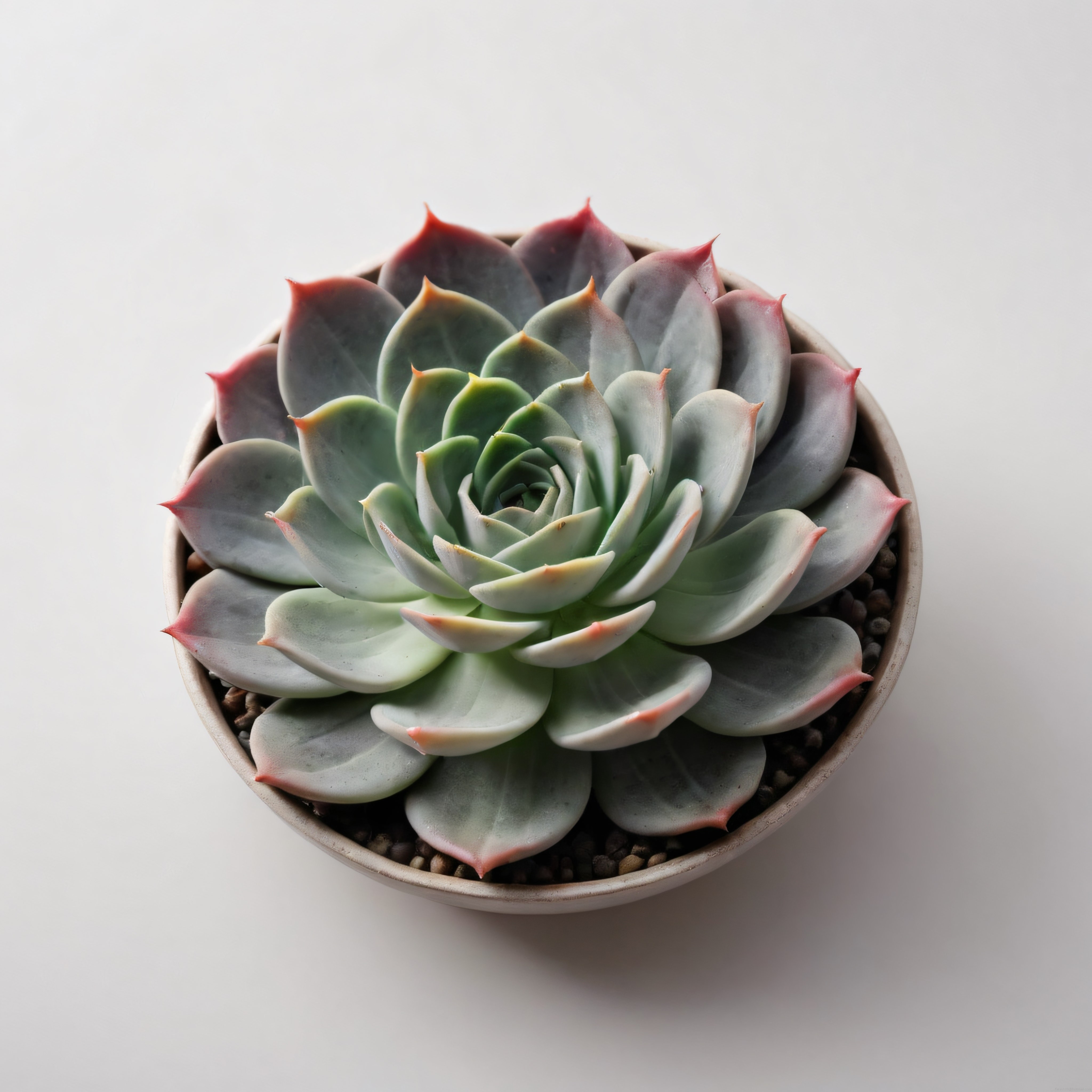 Beyaz arka plan üzerinde seramik saksıda pembe uçlu Echeveria sukulenti