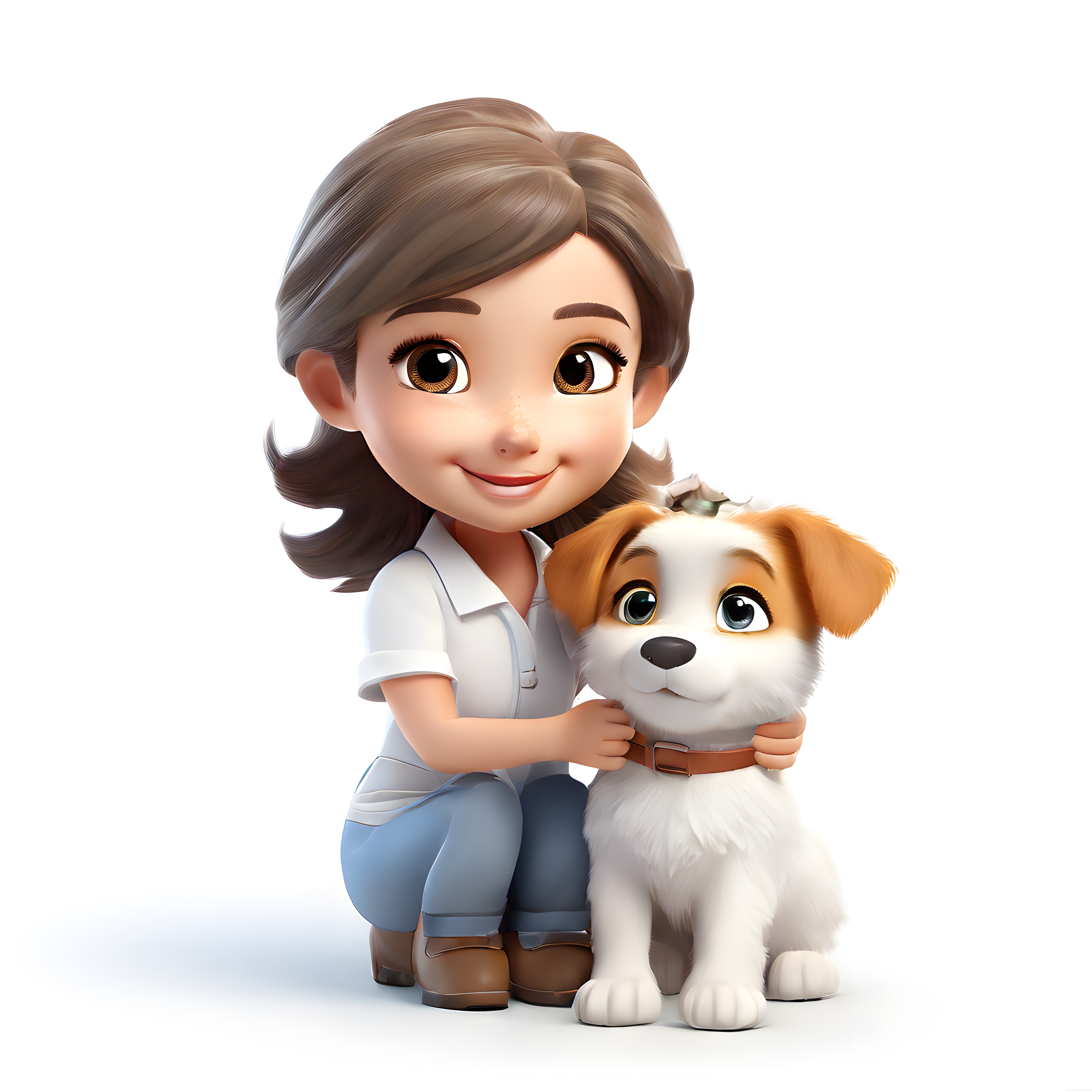 beyaz arka planda 3d animasyon tarzı sevimli kız karakter ve köpek yavrusu