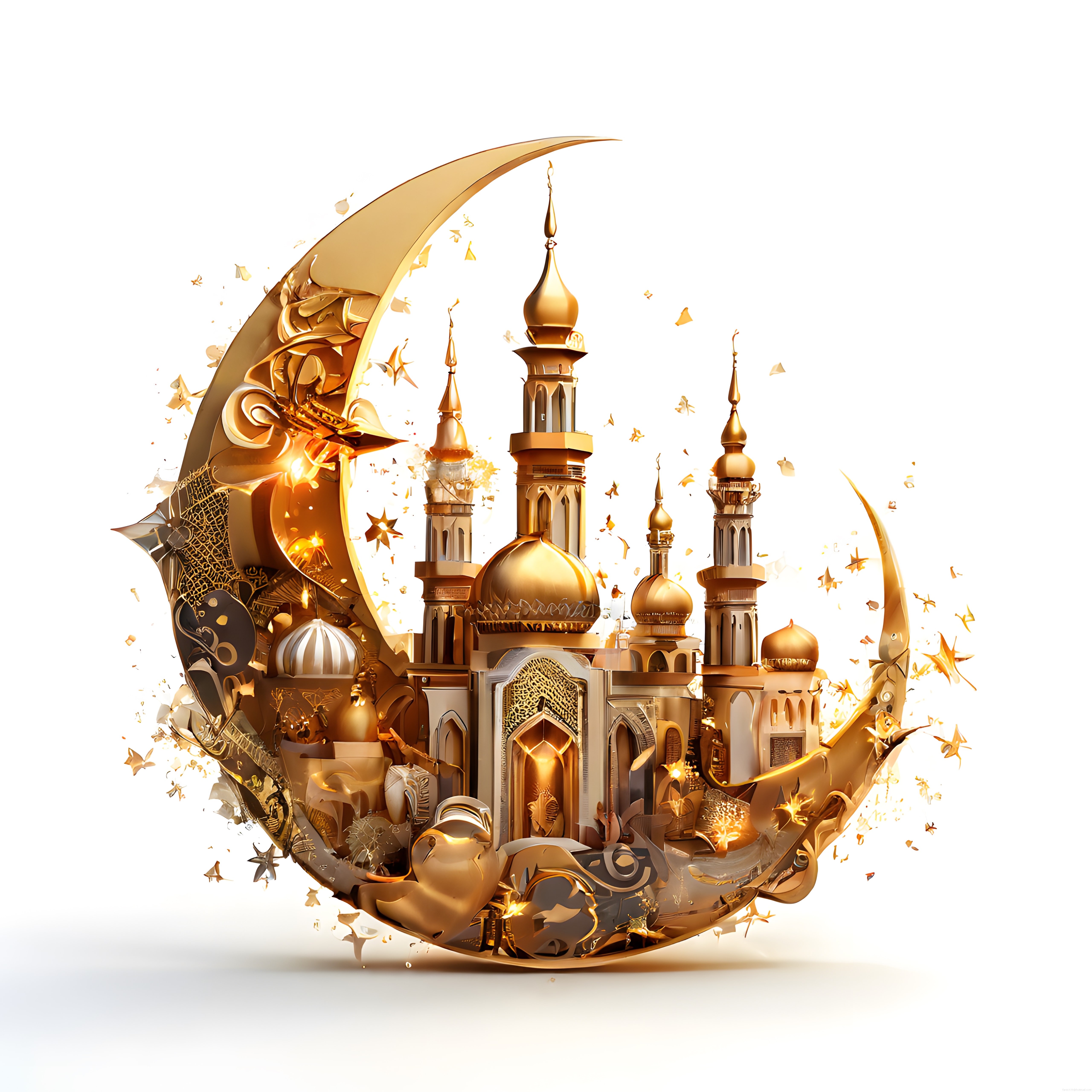 Beyaz Arka Planda Altın Rengi Hilal İçinde Cami ve Minarelerin 3D Tasarımı