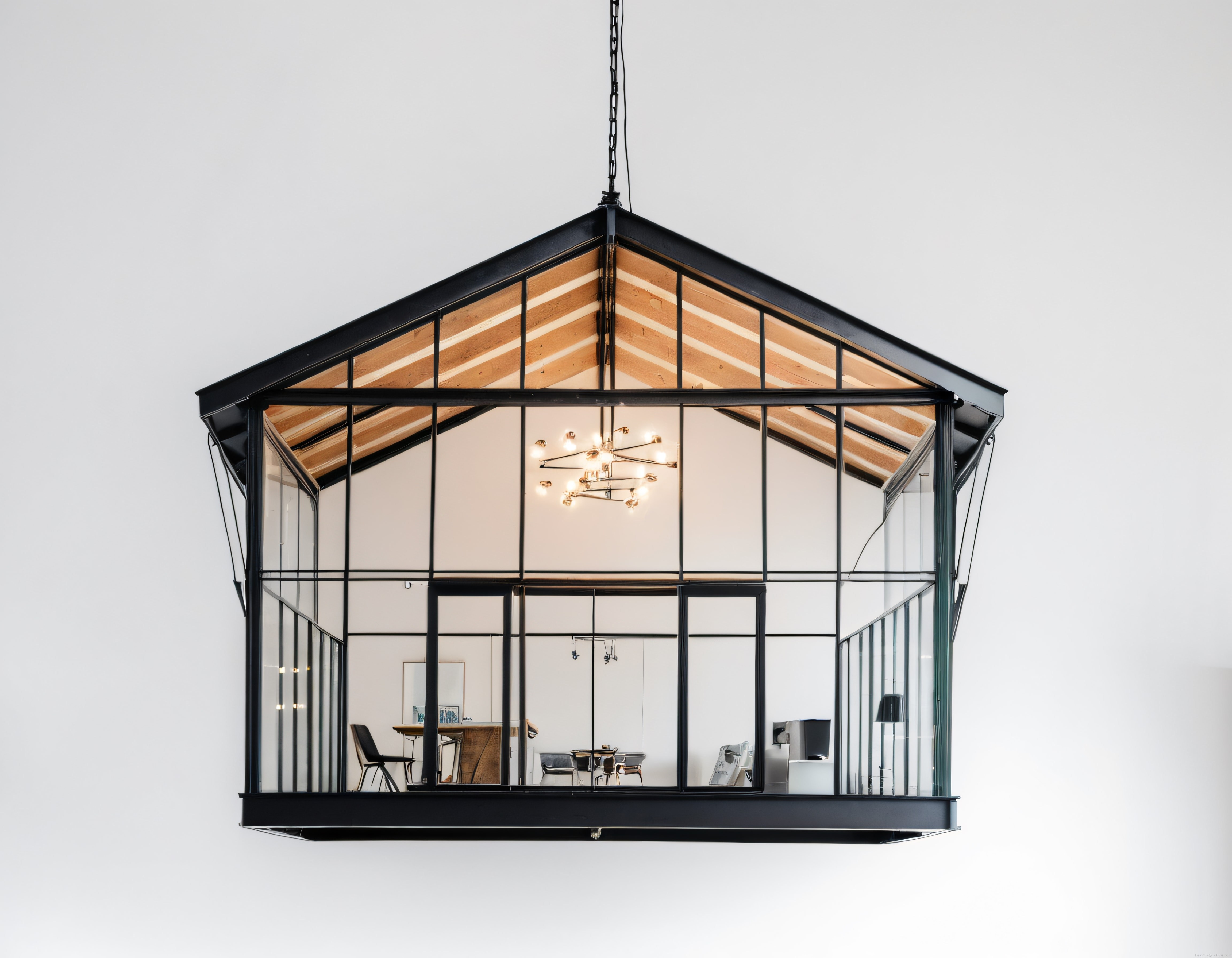 Beyaz Arka Planda Asılı Modern Cam ve Ahşap Detaylı Minimalist Mimari Yapı