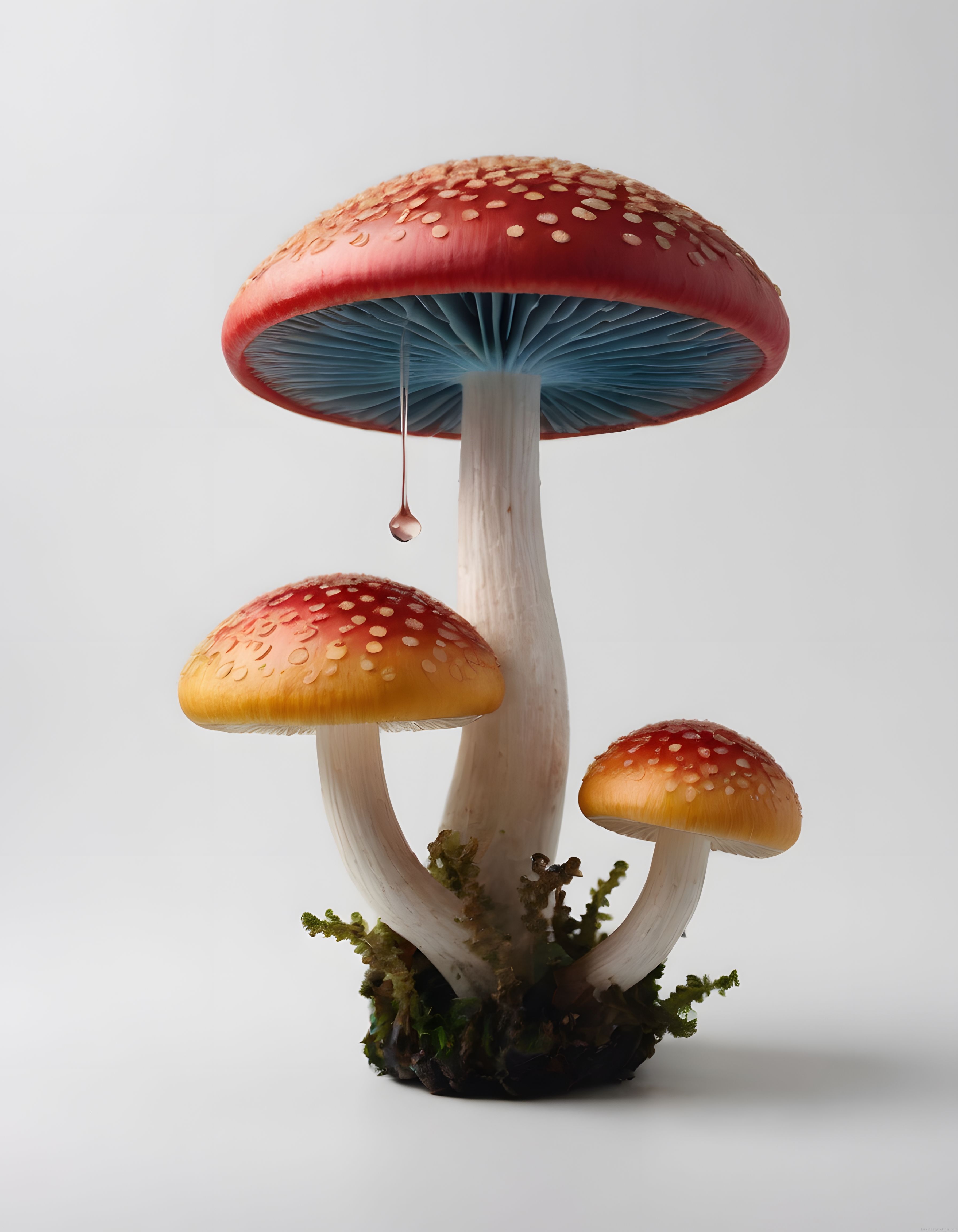Beyaz Arka Planda Büyüleyici Kırmızı Benekli Mantarlar ve Su Damlası