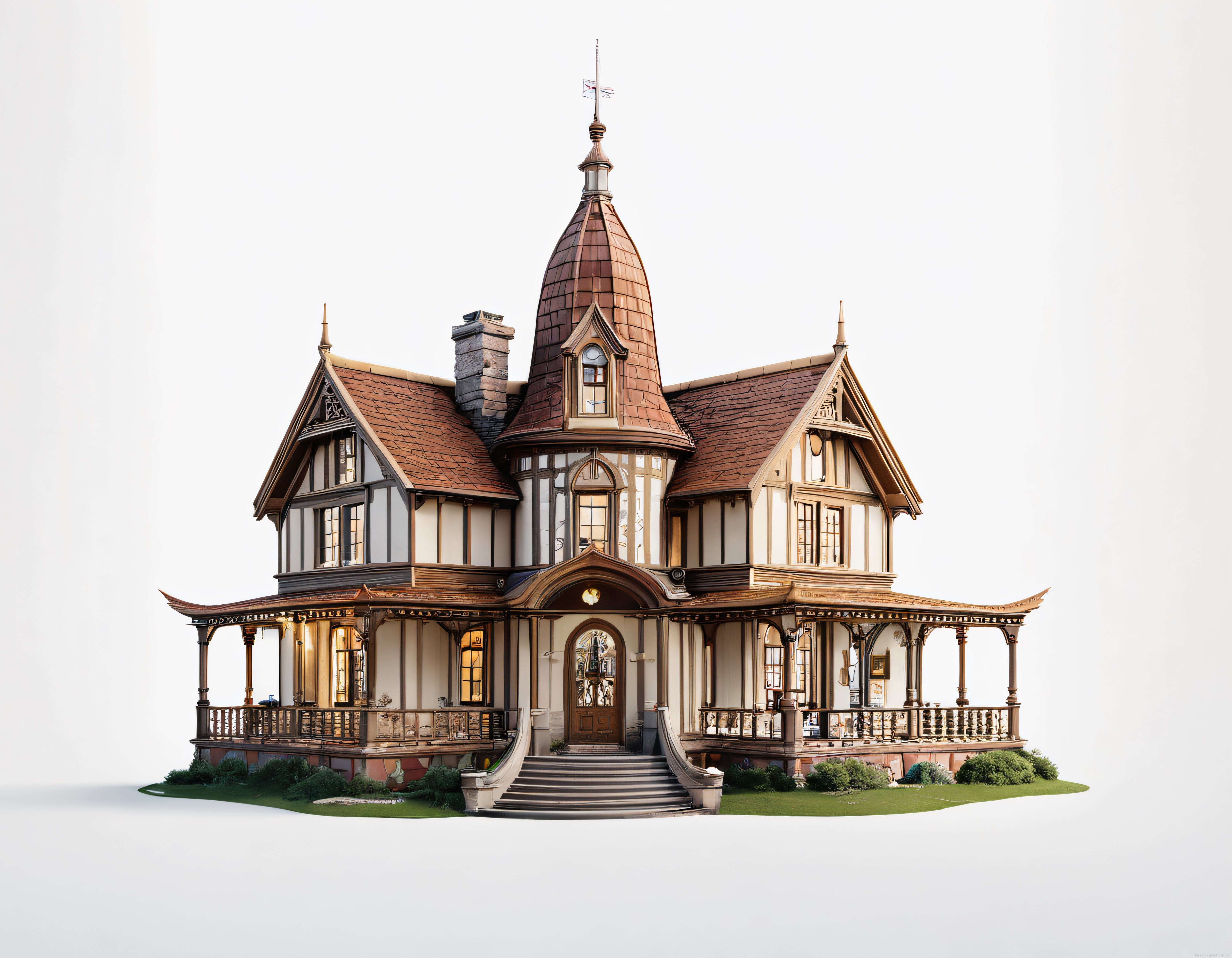 Beyaz Arka Planda Büyülü Victorian Tarzı Konak ve Süslü Ahşap Detaylar