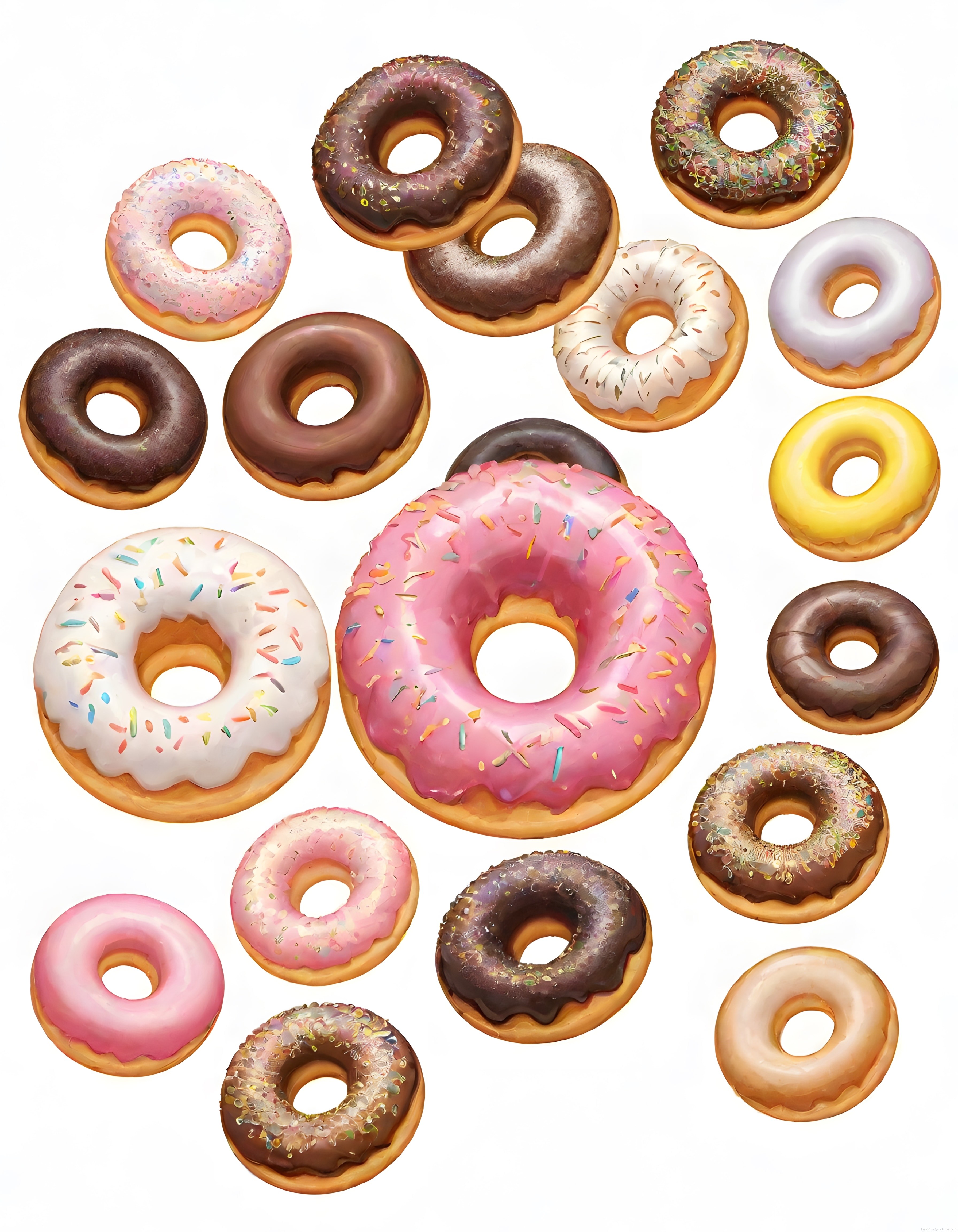 Beyaz Arka Planda Çikolatalı, Çilekli ve Renkli Süslü Donut Çeşitleri