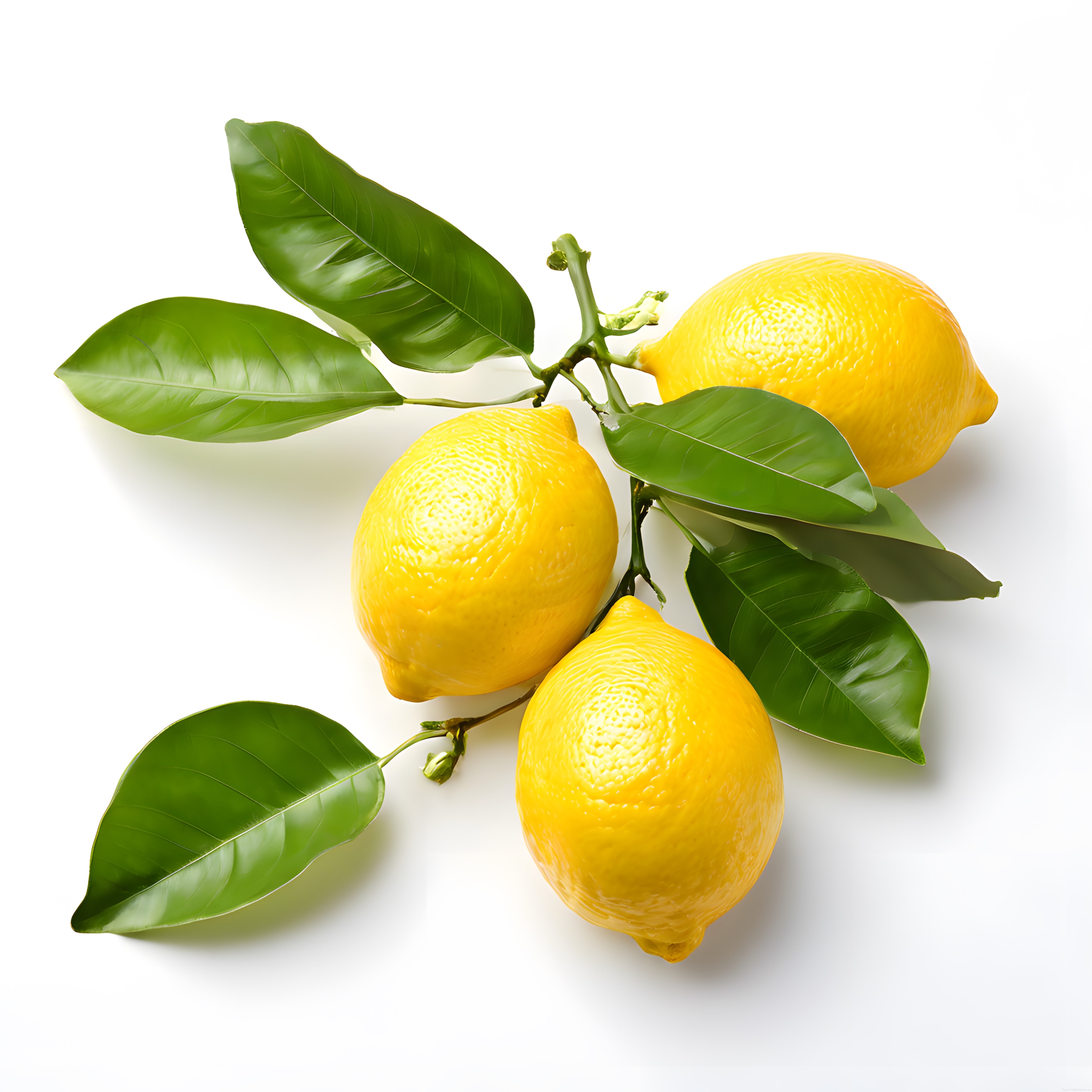 Beyaz arka planda dalında yapraklarıyla birlikte üç adet organik sarı limon