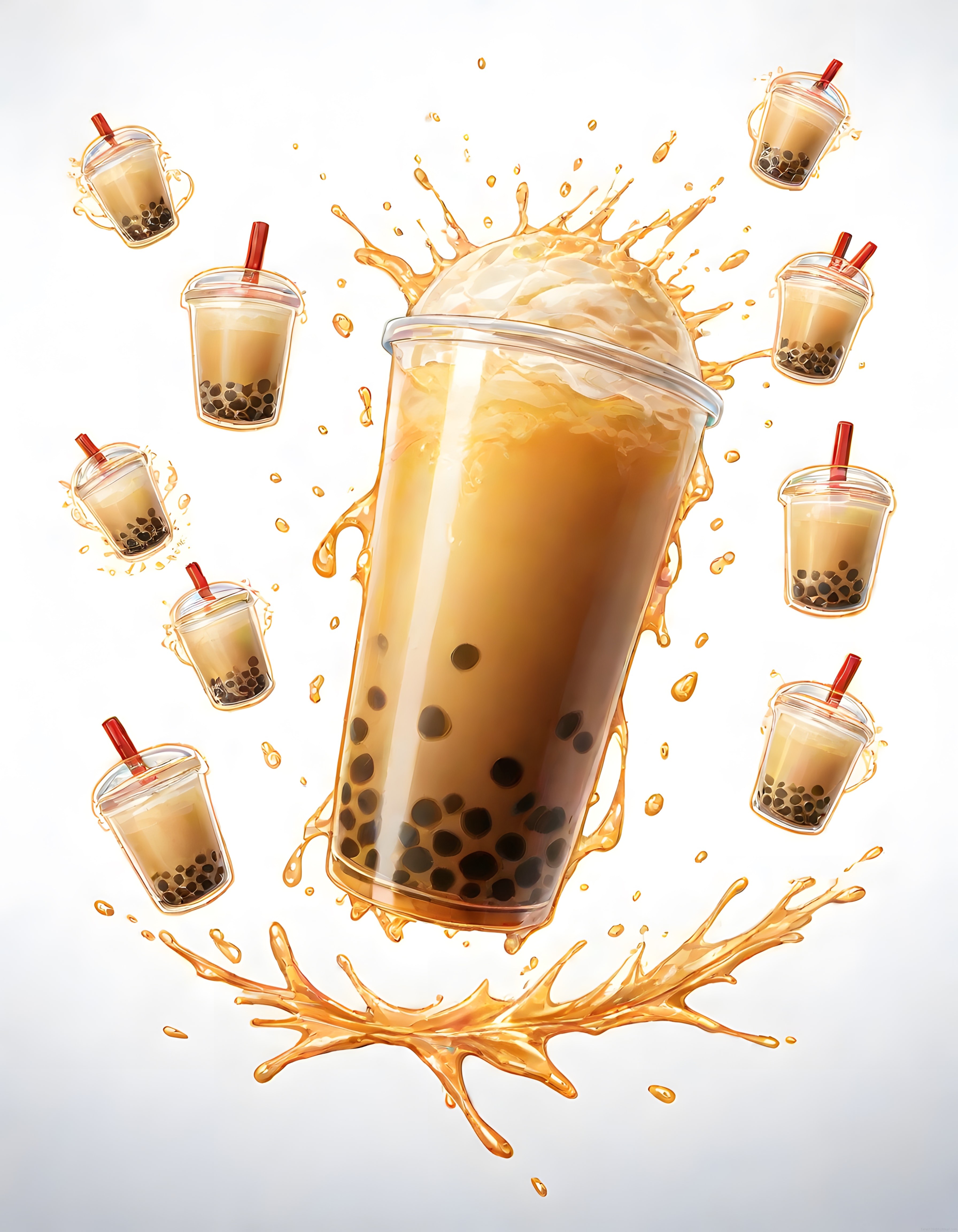 Beyaz Arka Planda Dinamik Sıvı Sıçratmalı Tapioklu Bubble Tea Komposisyonu