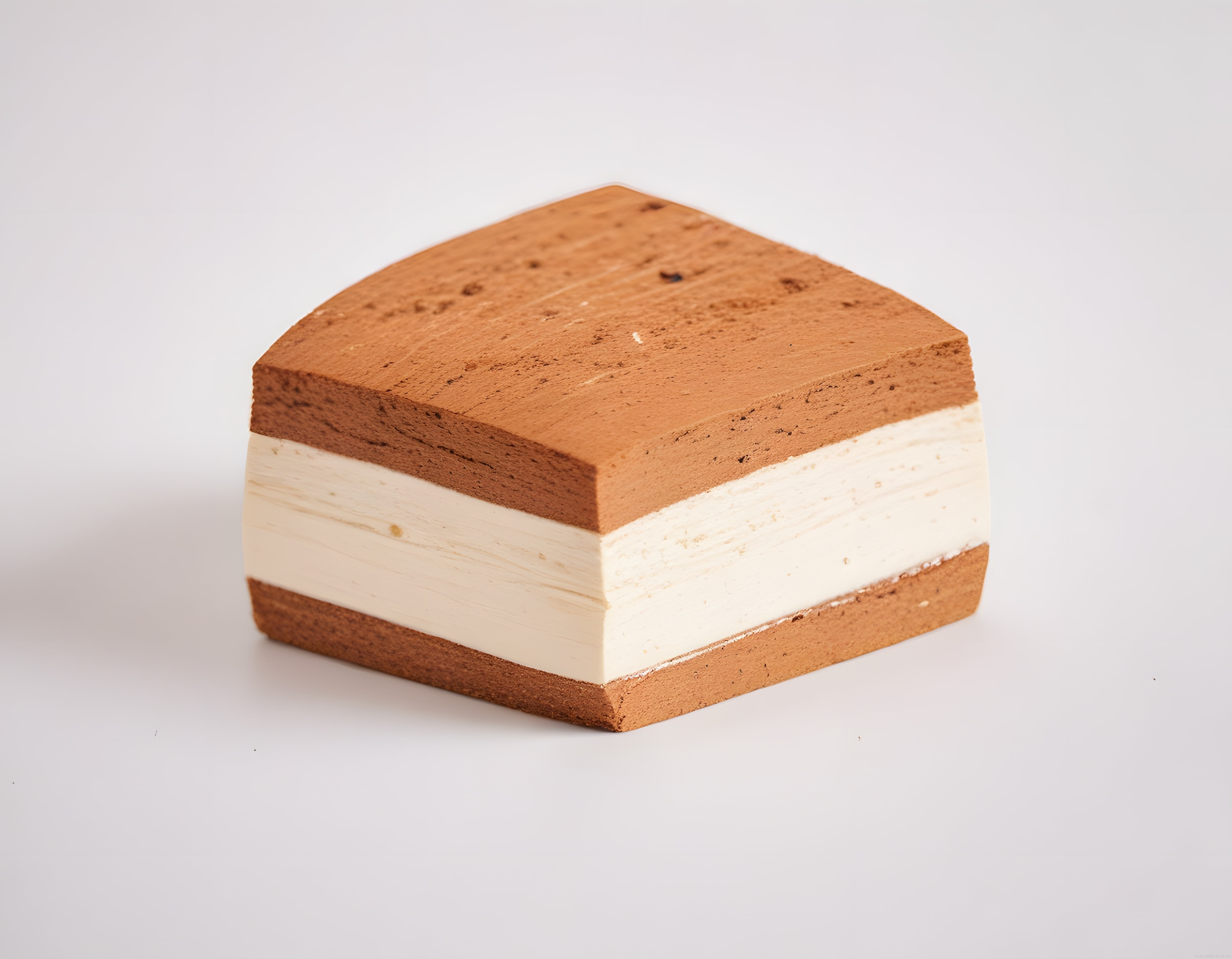 Beyaz arka planda geometrik kesimli üç katmanlı tiramisu sunumu