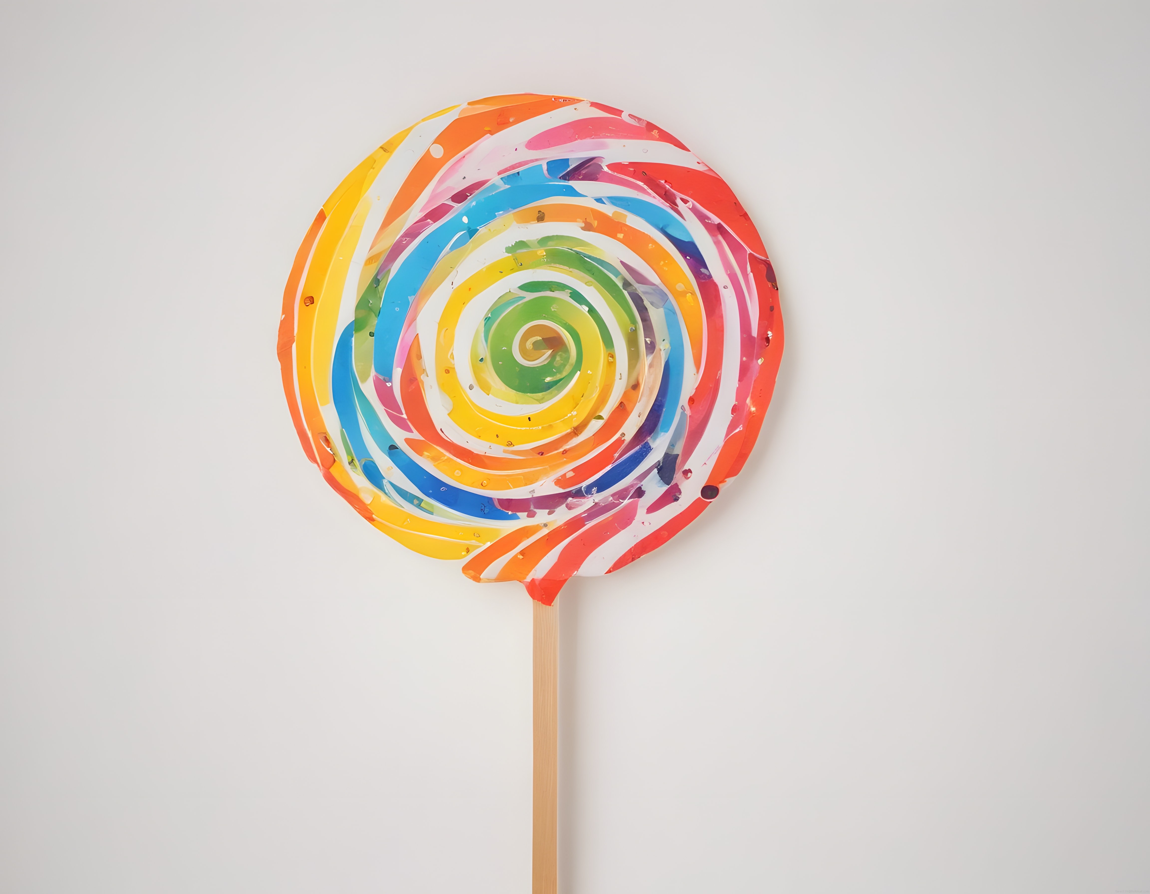 Beyaz arka planda gökkuşağı renkli spiralli dev lolipop dekoratif sanat objesi