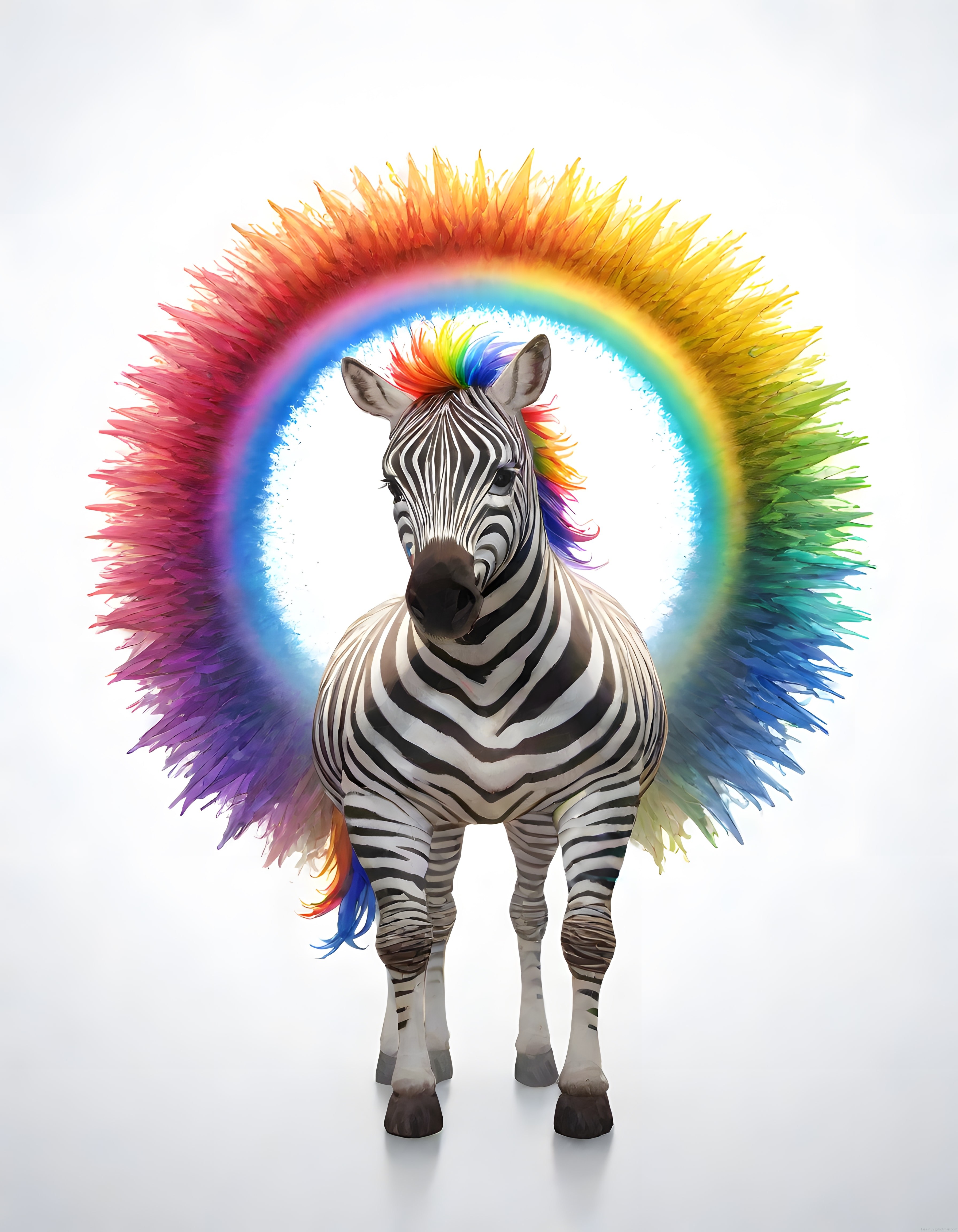 Beyaz Arka Planda Gökkuşağı Renkli Yelesi ve Tüy Halkasıyla Sürreal Zebra