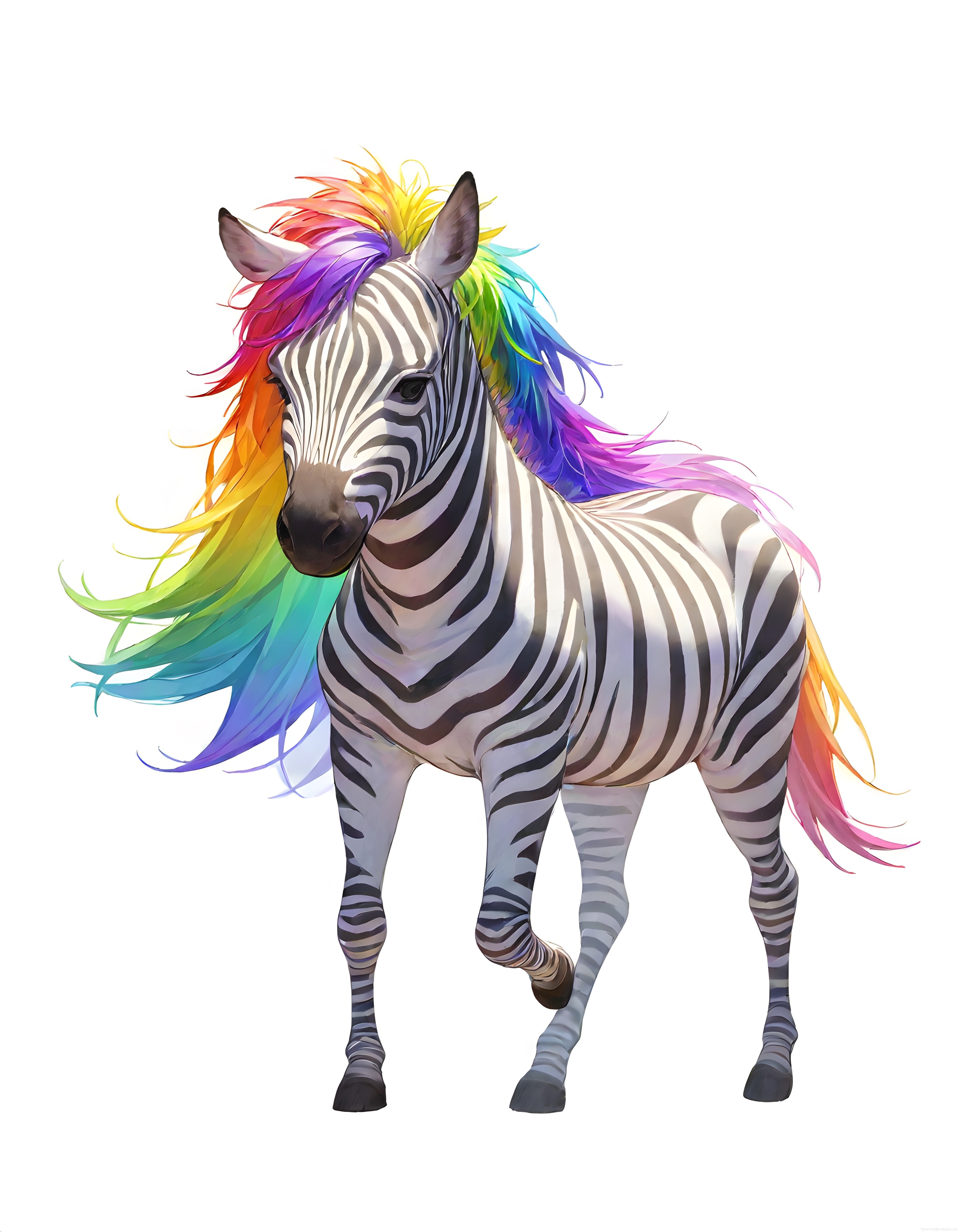 Beyaz arka planda gökkuşağı yelesiyle renkli dijital zebra illüstrasyonu