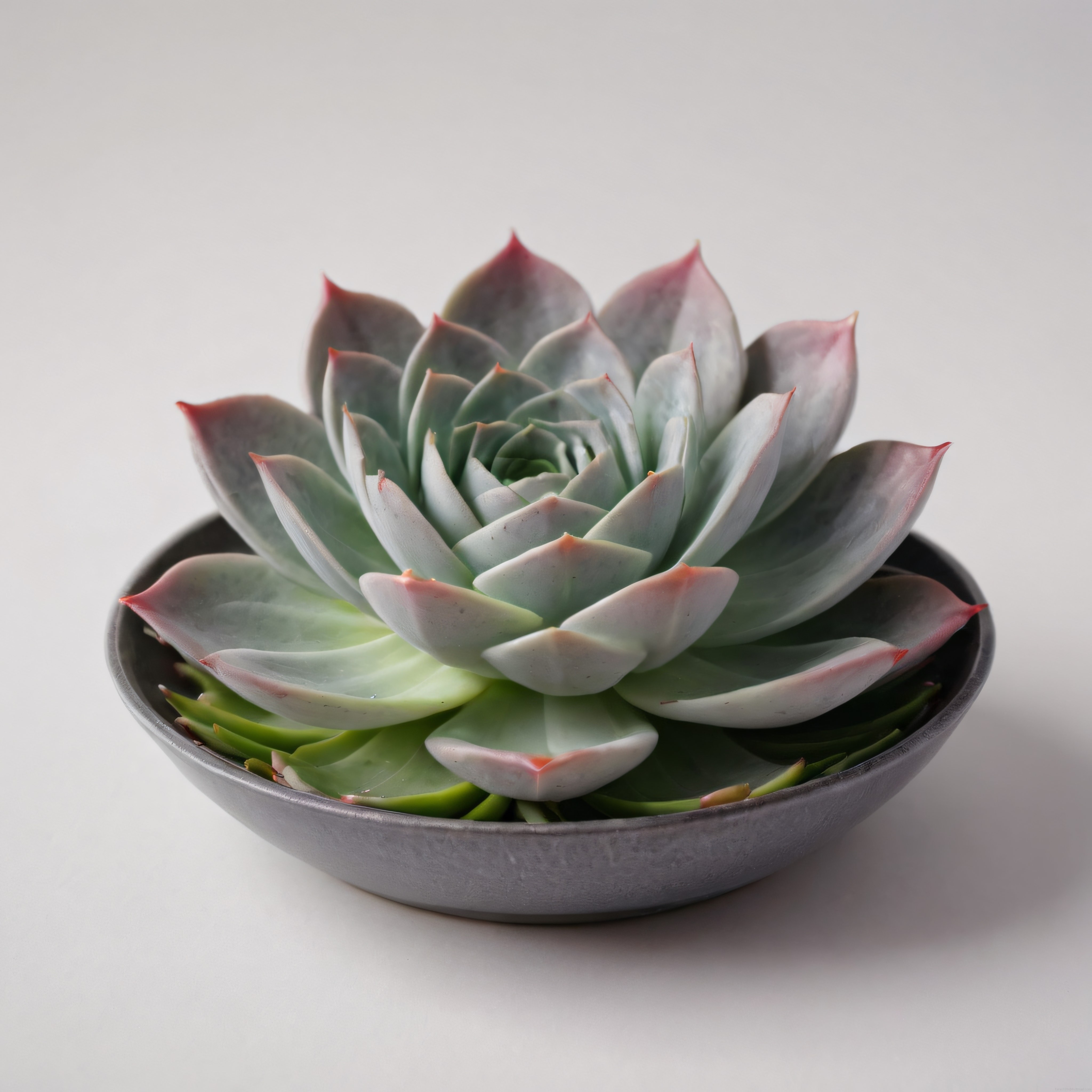 Beyaz Arka Planda Gri Saksıda Pembe Uçlu Echeveria Sukulent Bitki Fotoğrafı