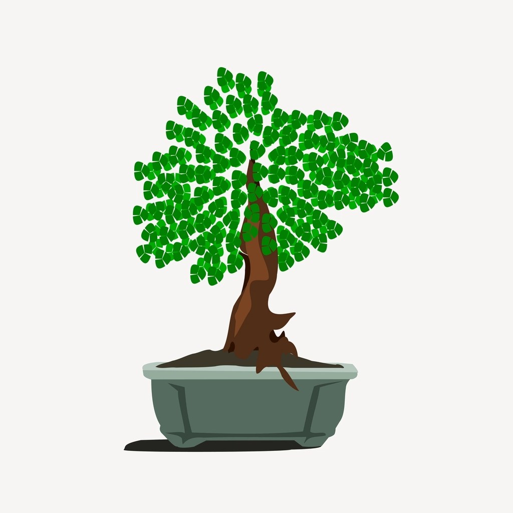 Beyaz Arka Planda Gri Saksılı Doğal Şekilli Bonsai Ağacı İllüstrasyonu