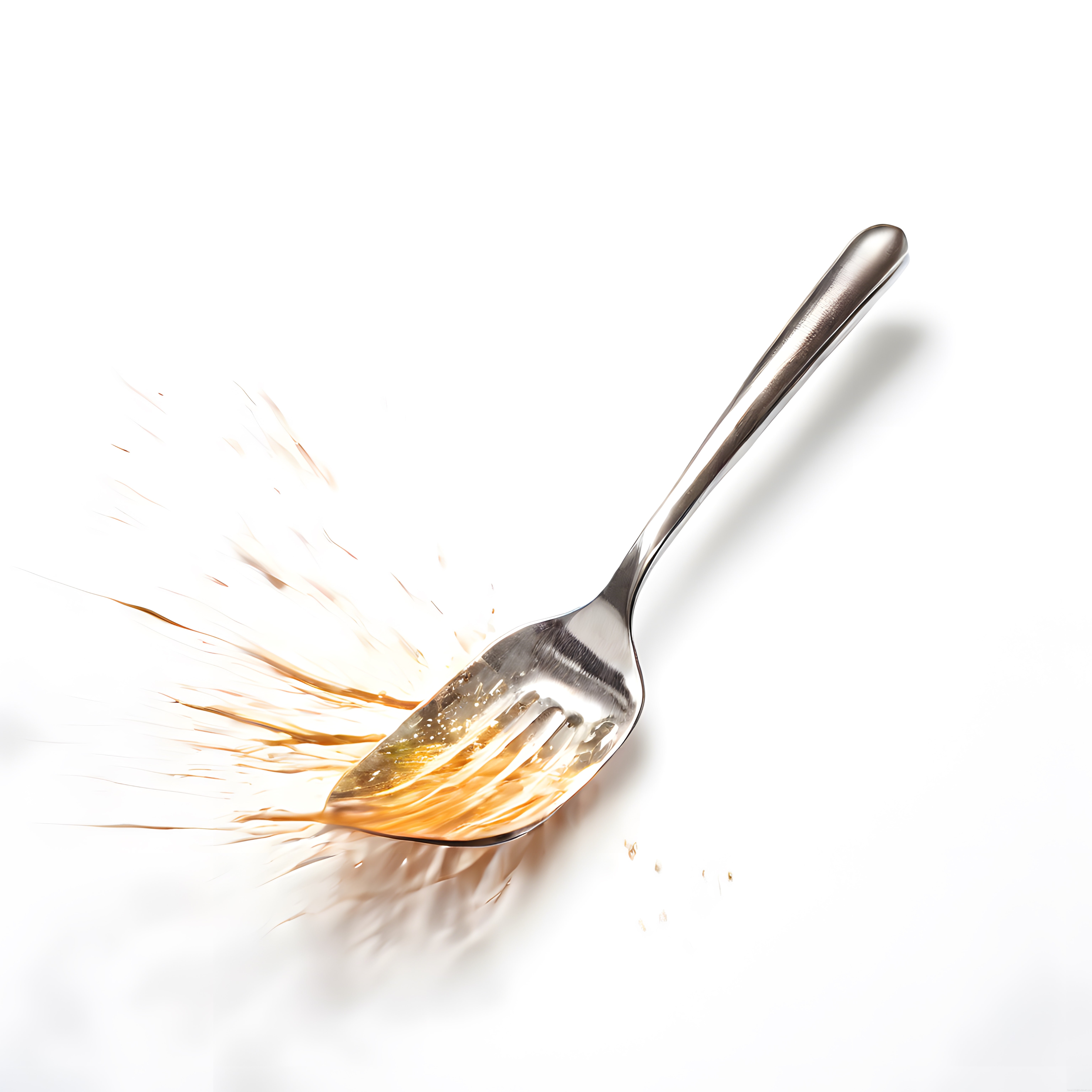 Beyaz Arka Planda Hareketli Sos Efektiyle Parlayan Metal Spatula Görüntüsü