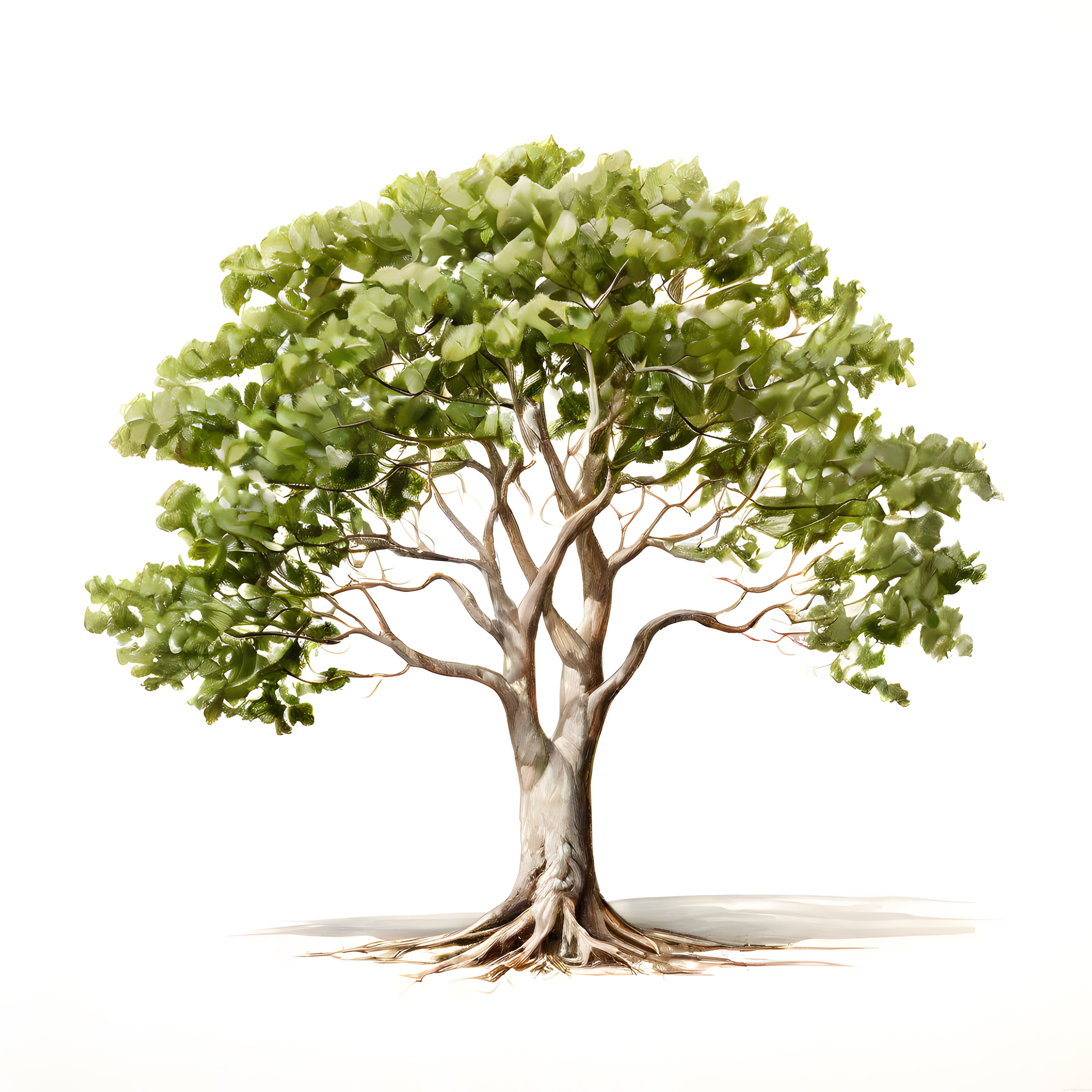 Beyaz arka planda izole edilmiş tek gövdeli yeşil yapraklı ağaç illüstrasyonu