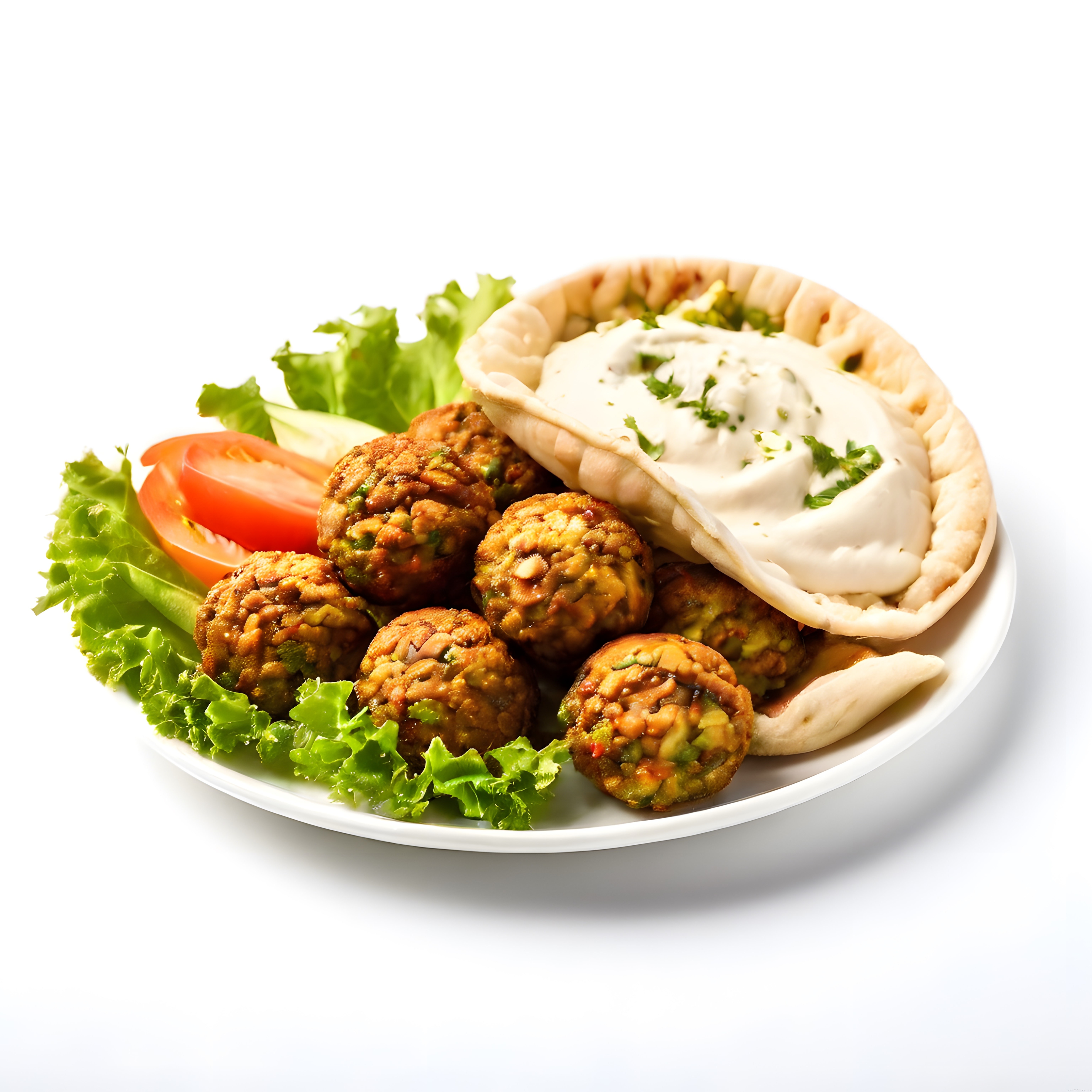 Beyaz Arka Planda Lezzetli Falafel Topları, Pita Ekmeği ve Taze Yeşillik Sunumu