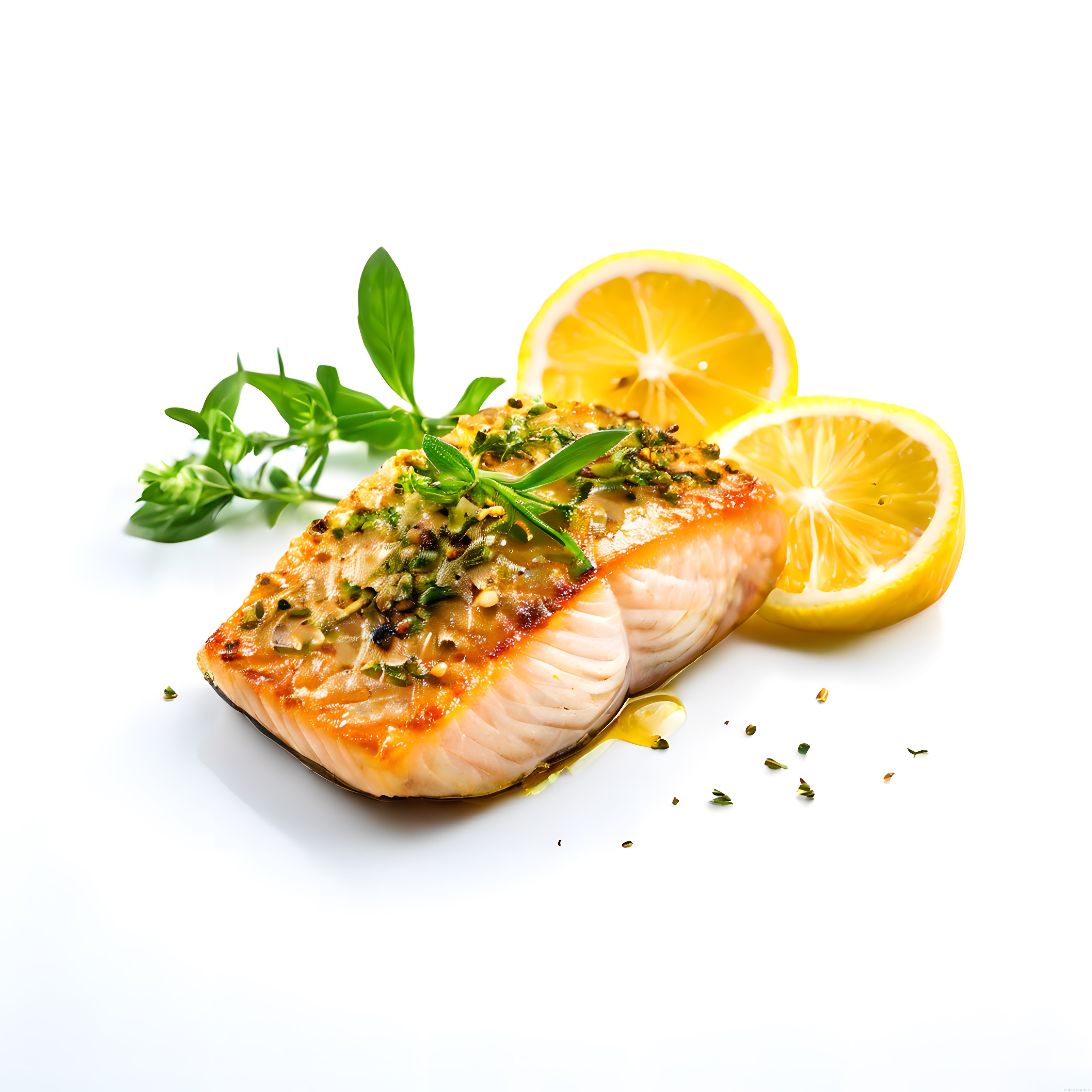 Beyaz Arka Planda Limon ve Taze Otlarla Izgara Somon Servisi