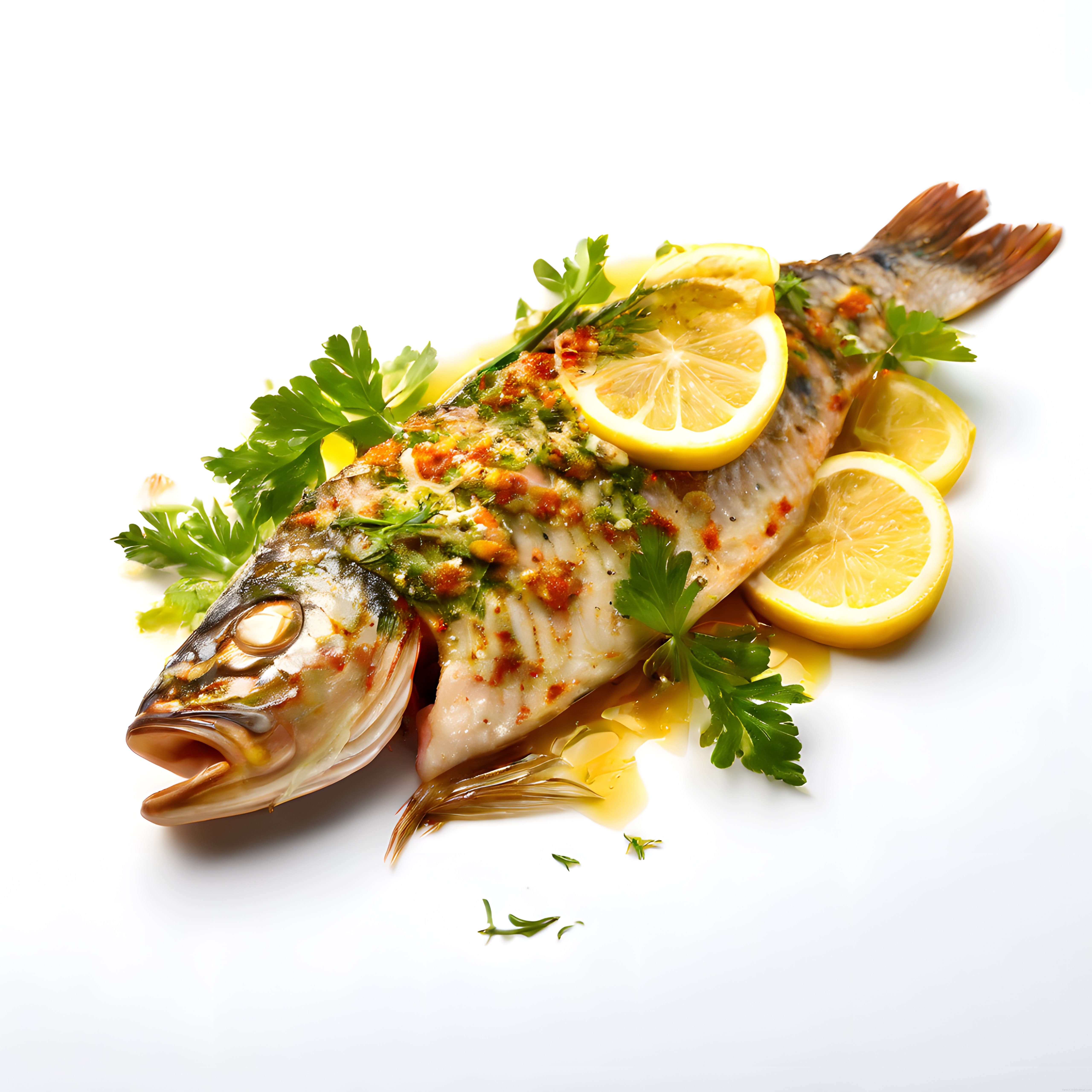 Beyaz Arka Planda Limonlu Maydanozlu ve Zeytinyağlı Pişmiş Balık Görseli