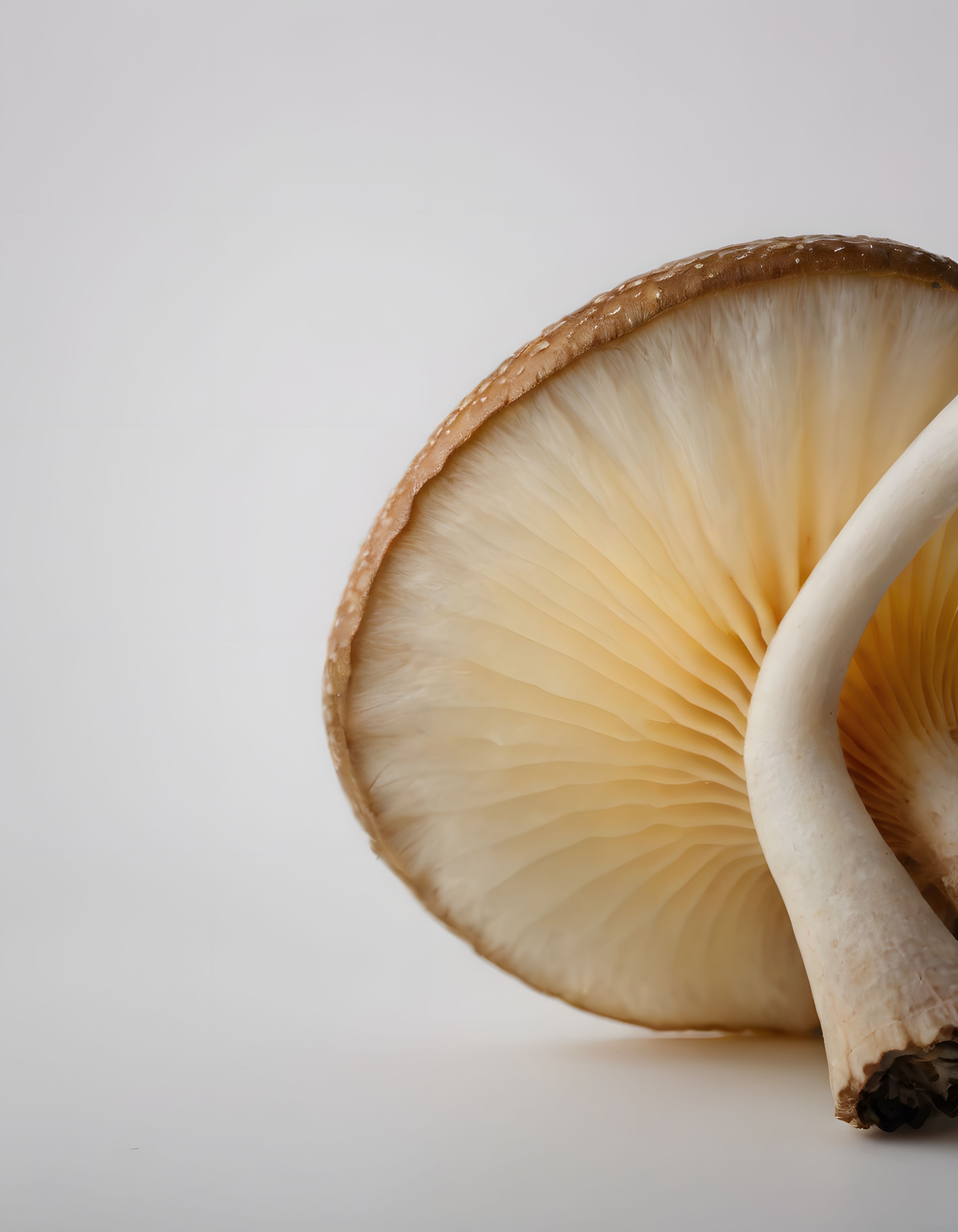 Beyaz arka planda mantarın solungaç detayını gösteren estetik makro fotoğraf