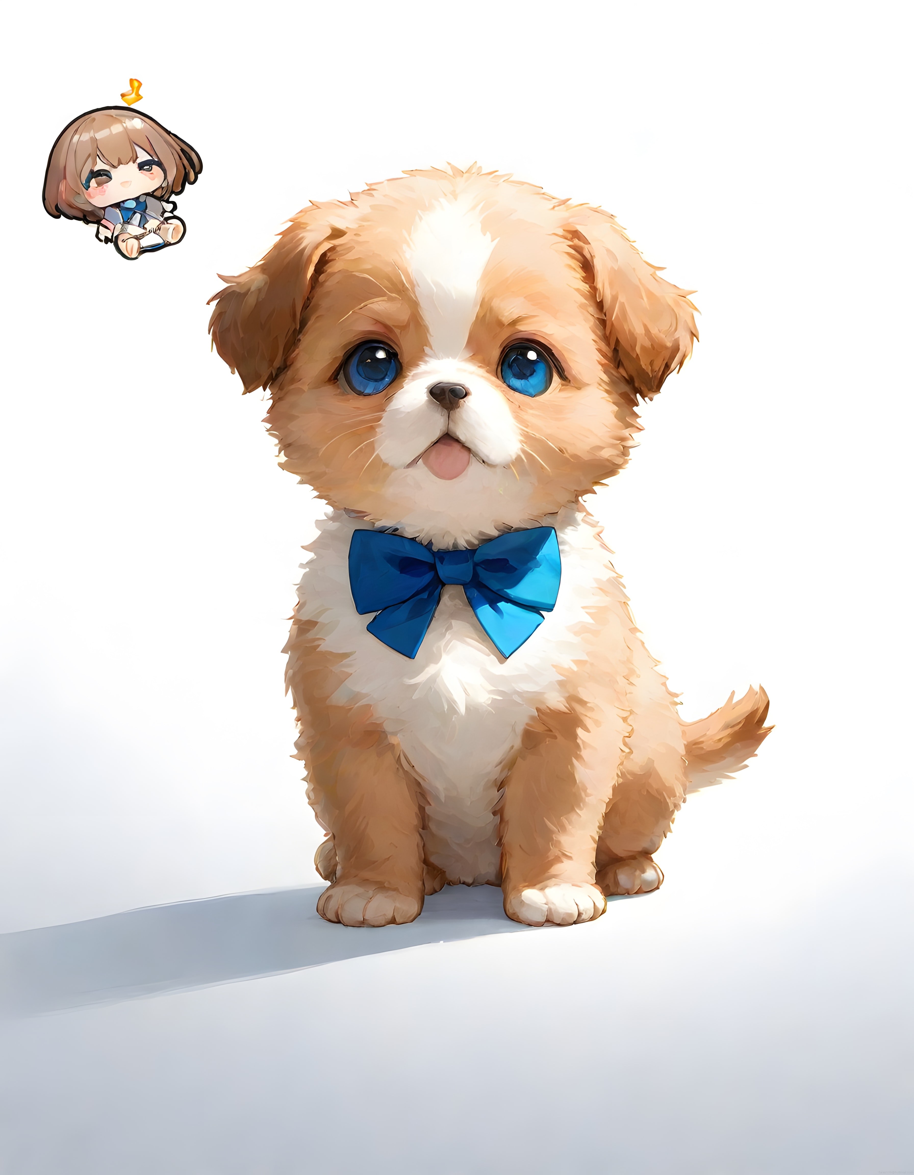 Beyaz arka planda mavi fiyonklu sevimli anime köpek yavrusu ve küçük chibi kız