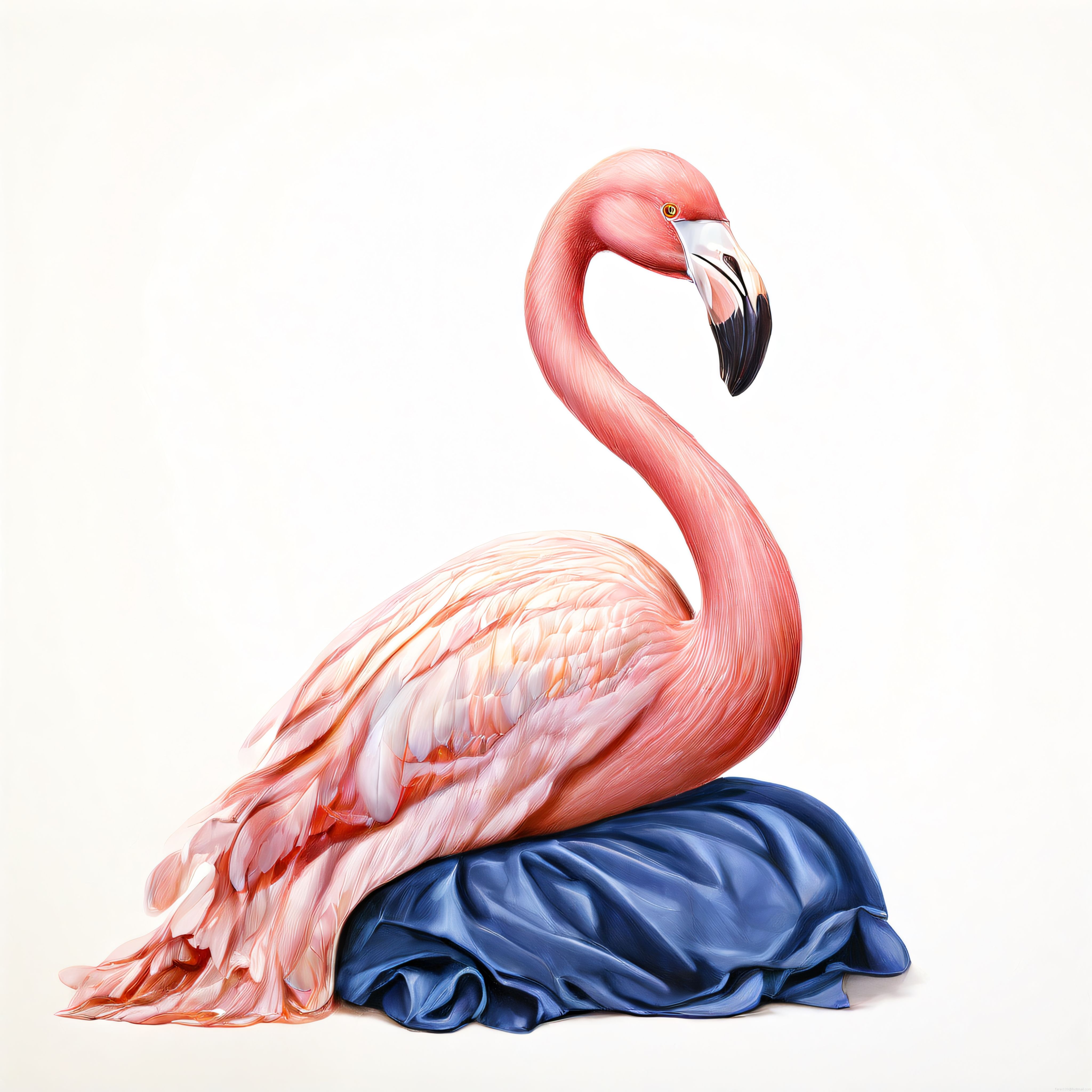 Beyaz Arka Planda Mavi Kumaş Üzerinde Oturan Sanatsal Pembe Flamingo