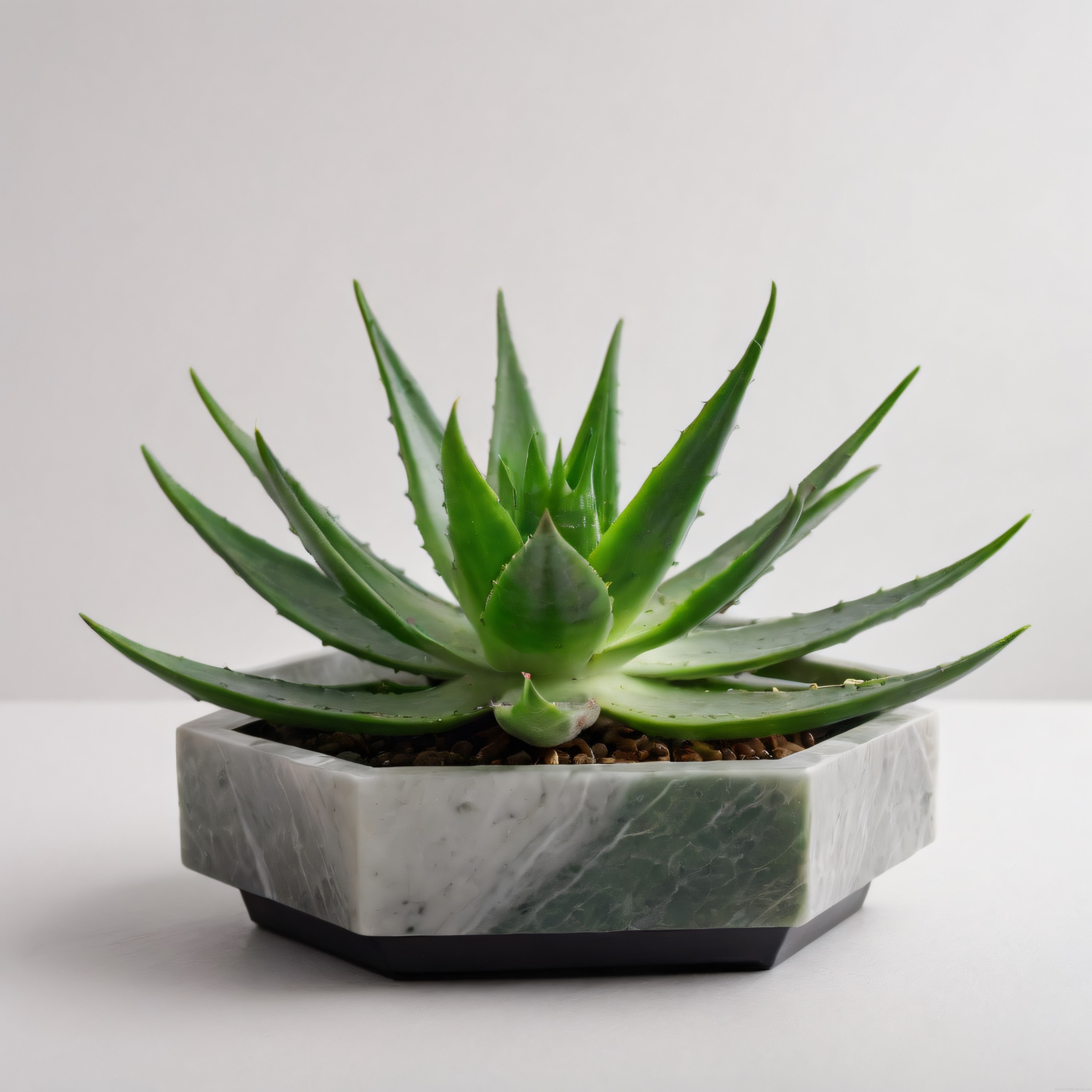 Beyaz arka planda mermer desenli altıgen saksıda canlı aloe vera bitkisi