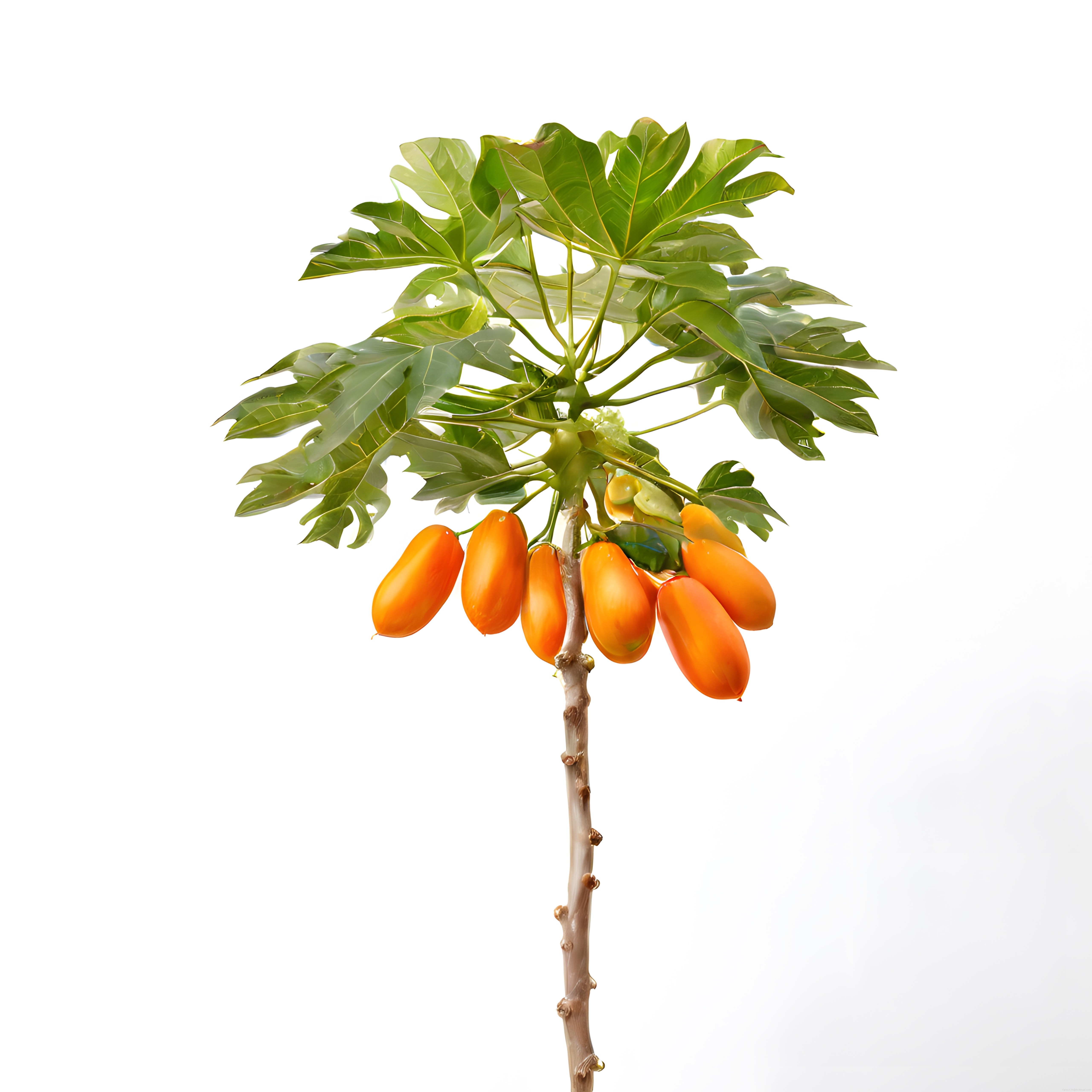 Beyaz Arka Planda Meyve Veren Papaya Ağacı ve Canlı Yeşil Yaprakları