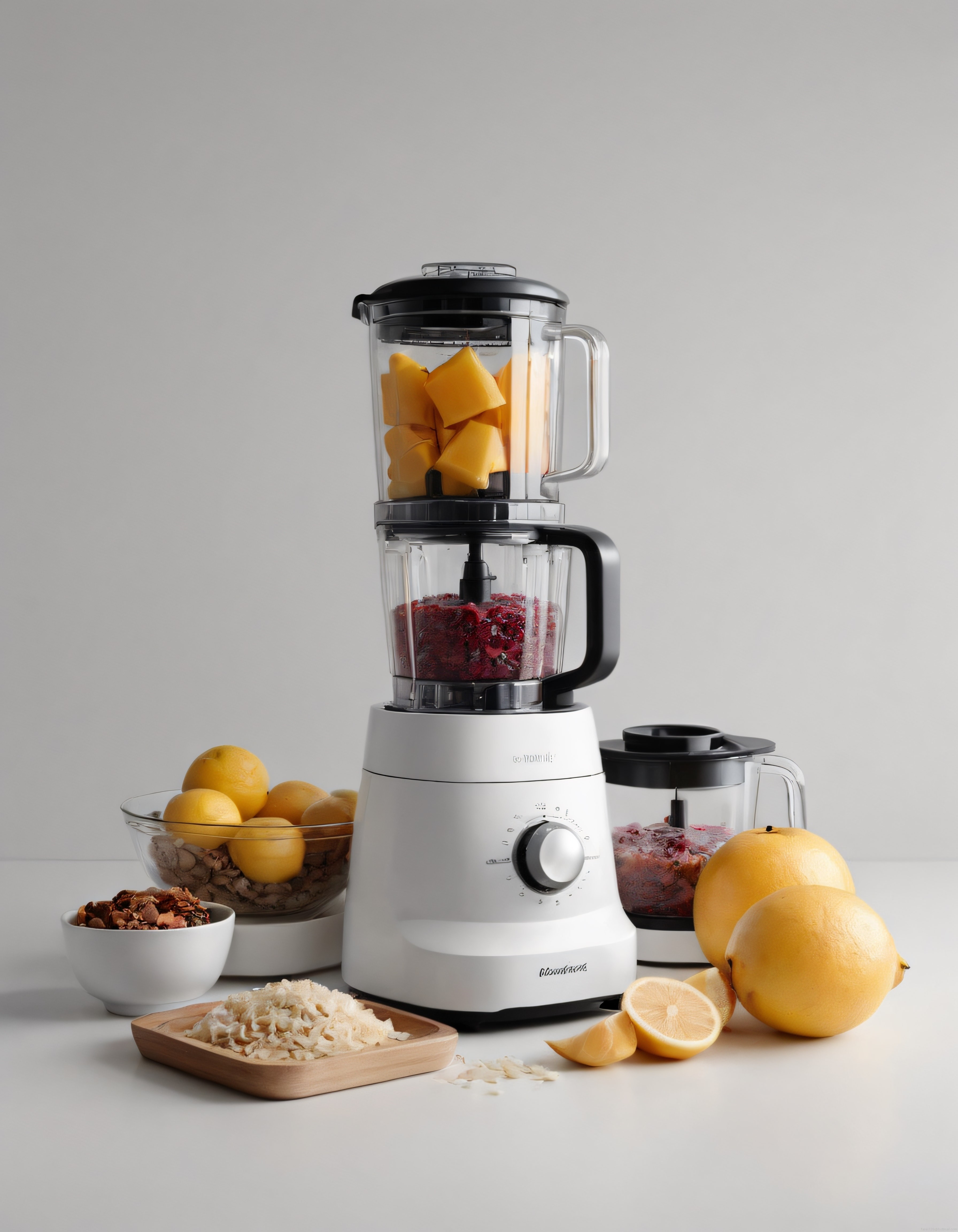 Beyaz arka planda meyveli smoothie hazırlığı ve modern mutfak robotu