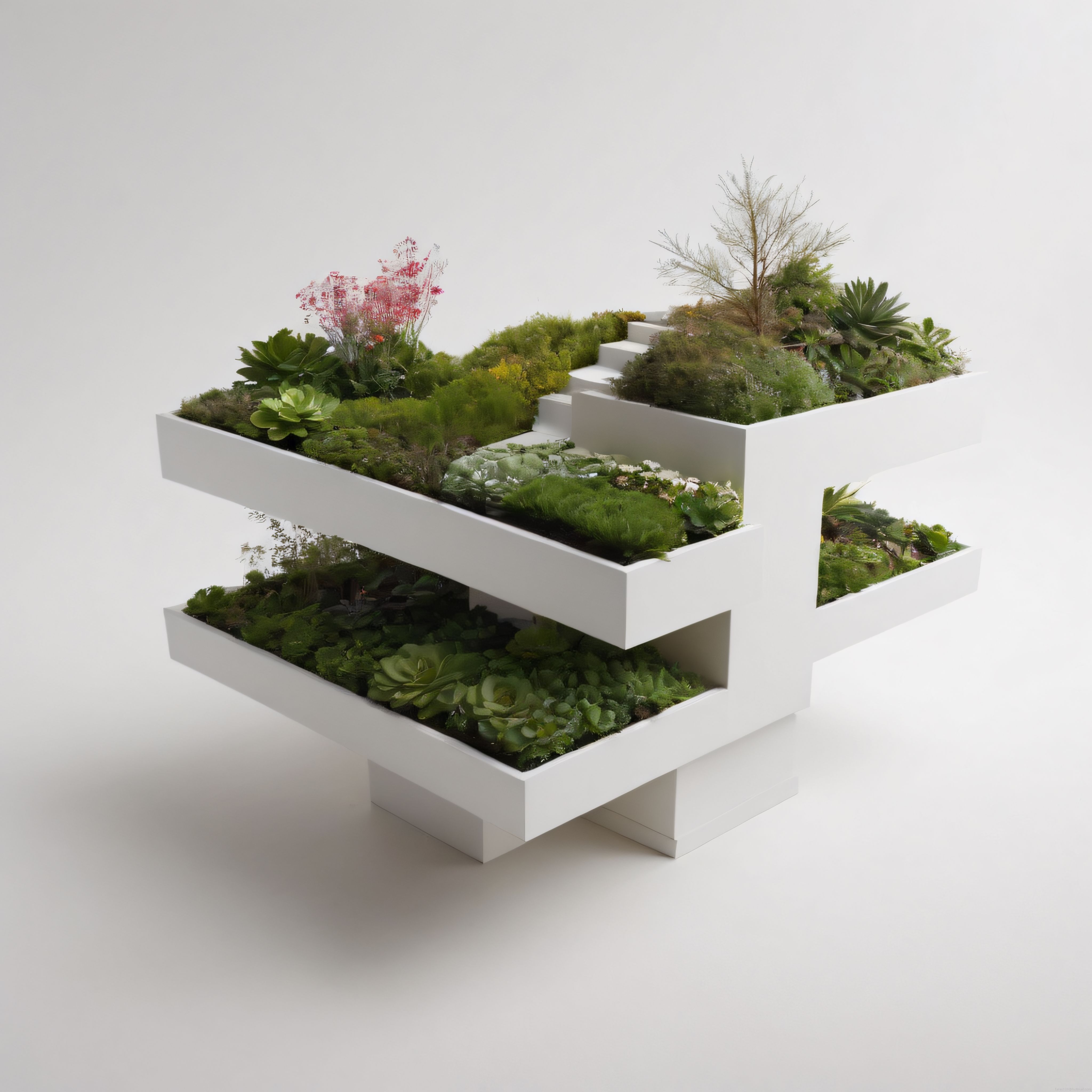 Beyaz arka planda modern katmanlı mimari yapı ve canlı bitki diorama tasarımı