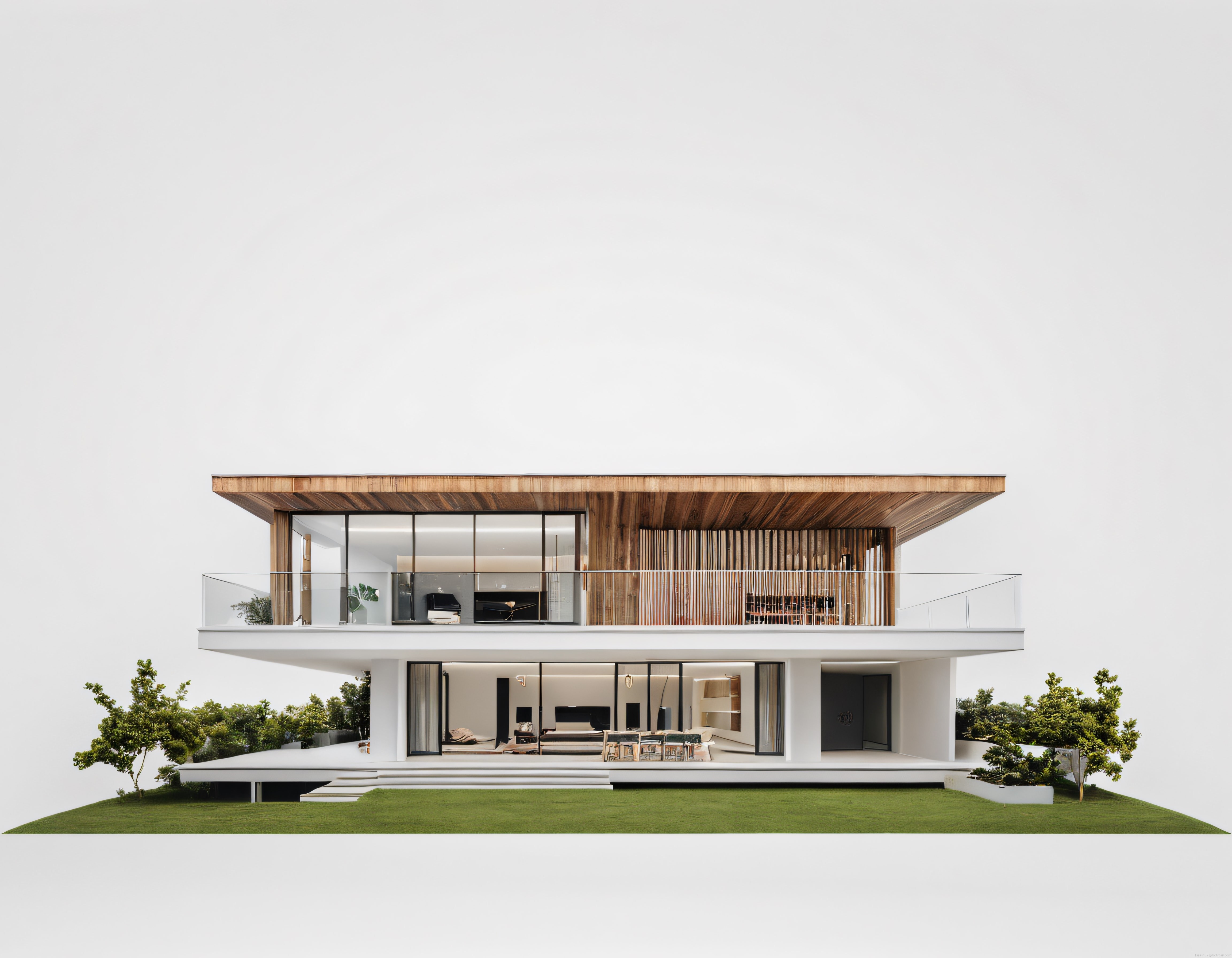 Beyaz Arka Planda Modern Minimalist Villa ve Ahşap Detaylı Çift Katlı Konut
