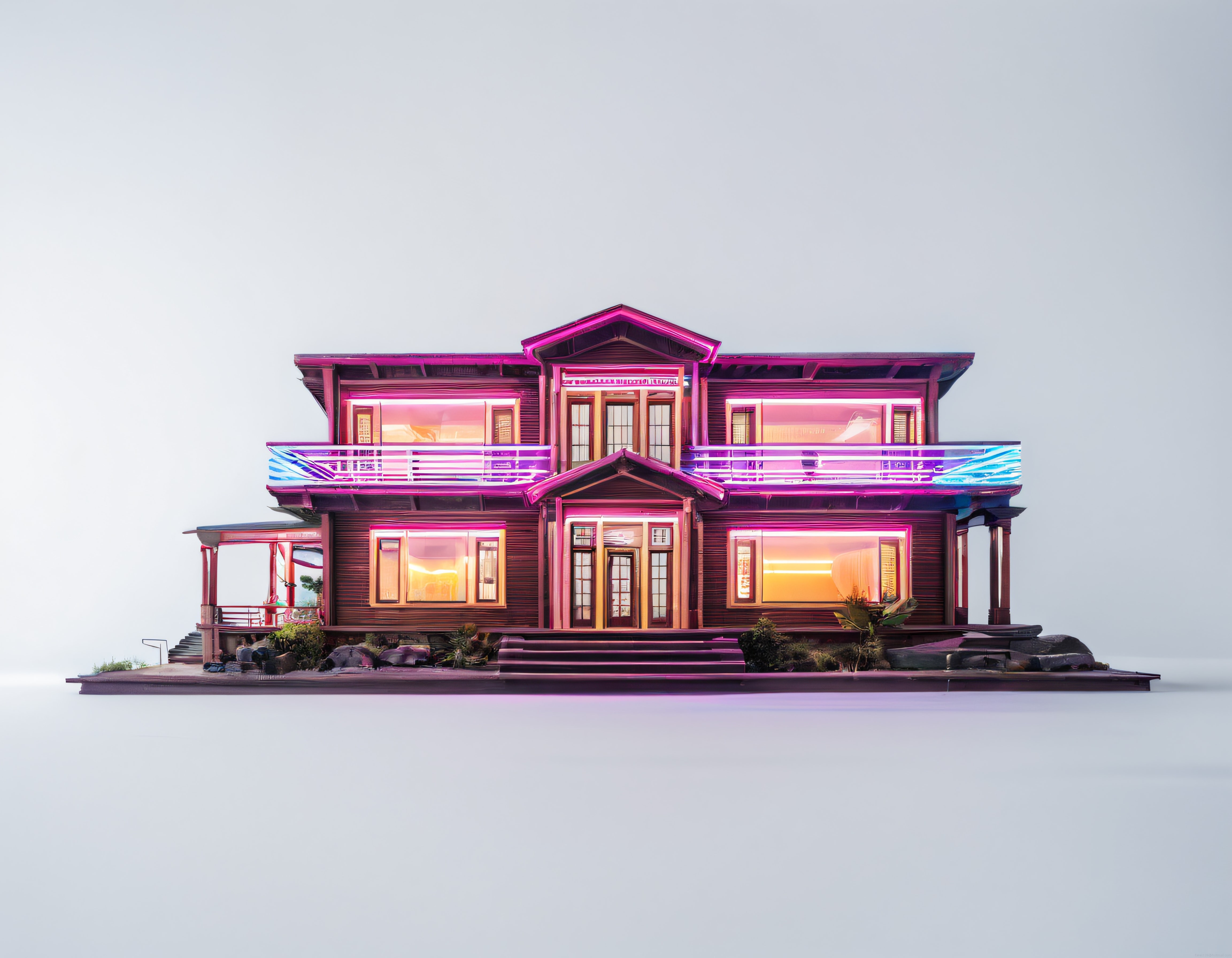 Beyaz arka planda neon ışıklarla süslenmiş iki katlı ahşap ev maketi görseli