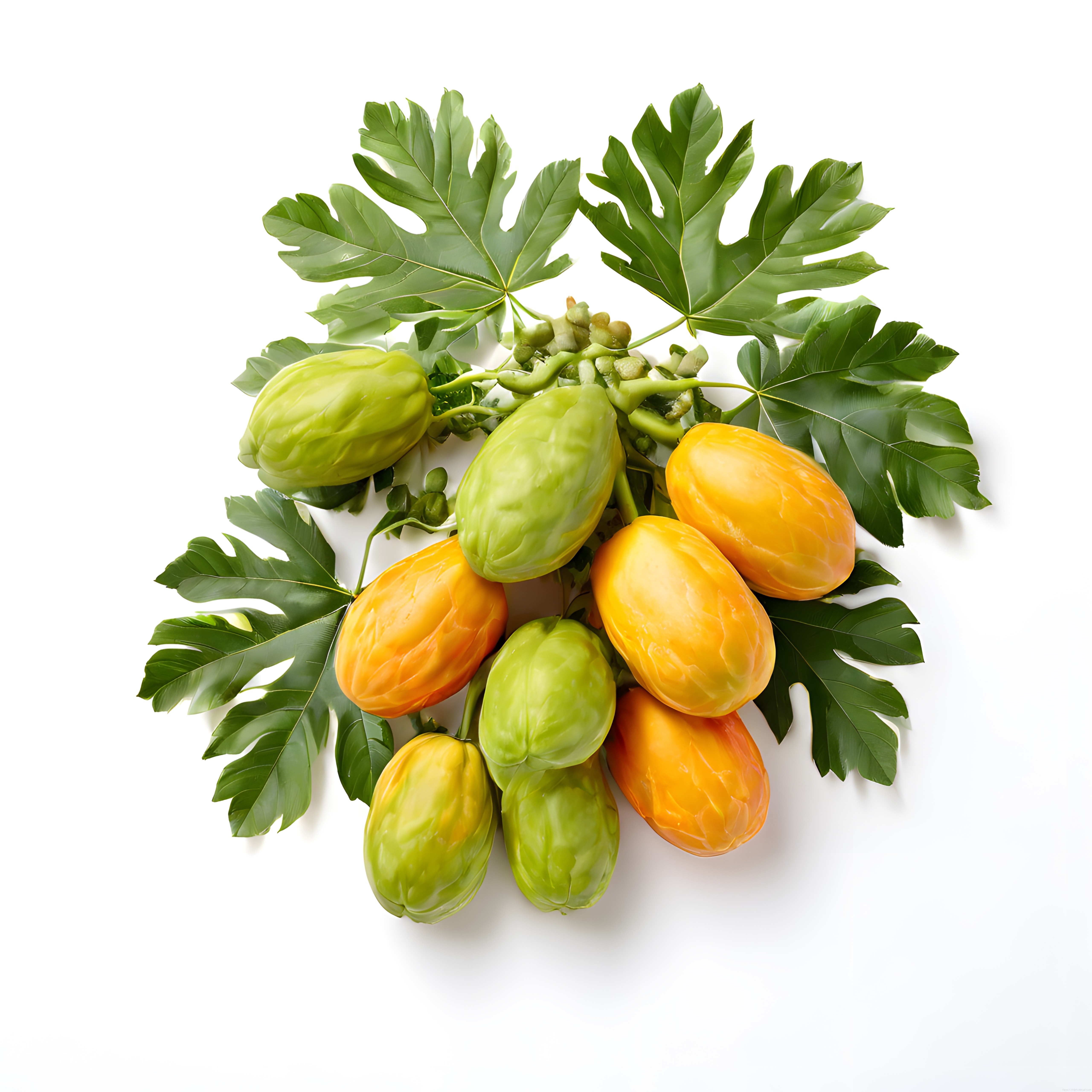 Beyaz Arka Planda Olgun Turuncu ve Yeşil Papaya Meyveleriyle Tropikal Sunum
