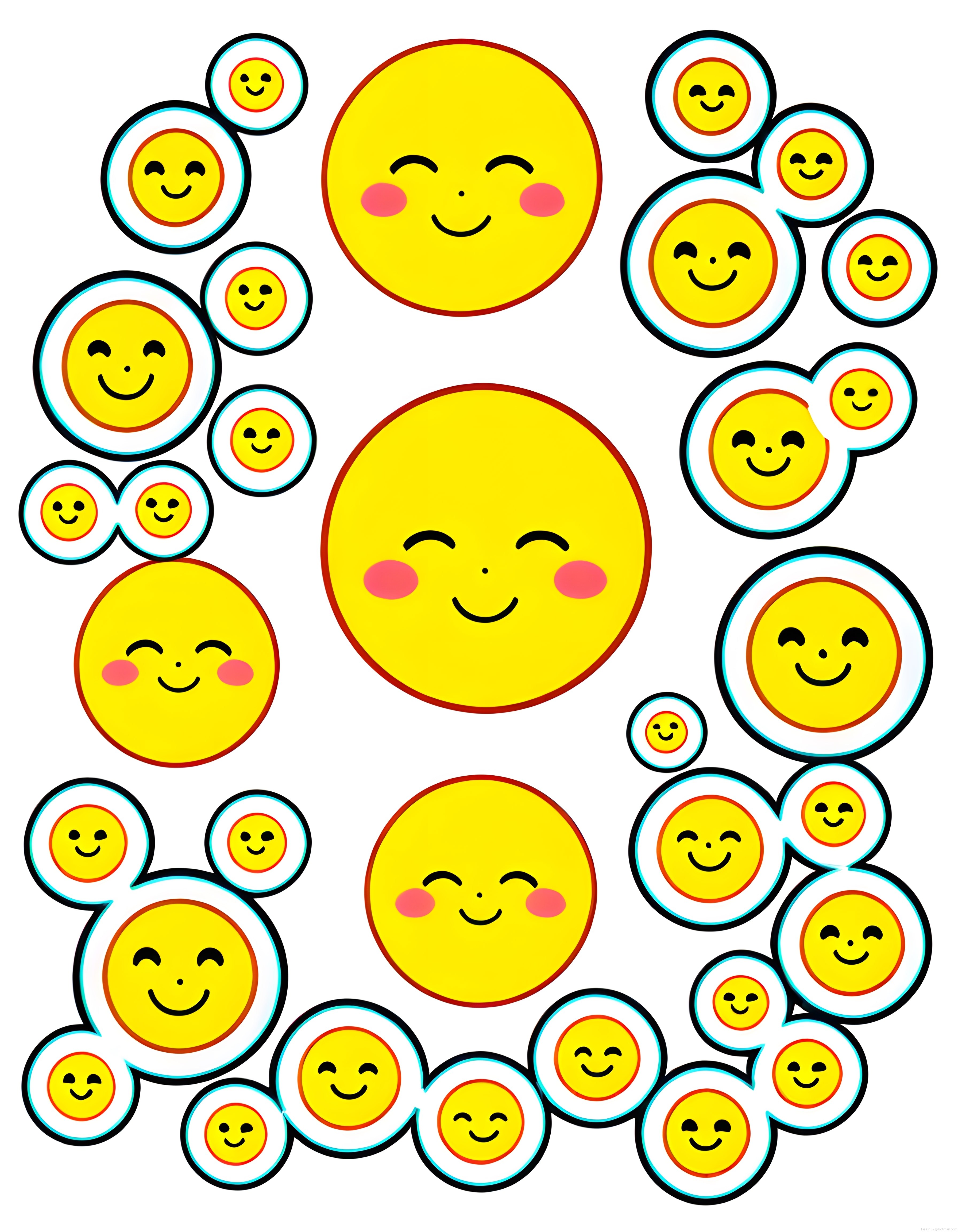 Beyaz Arka Planda Pembe Yanaklı Mutlu Emoji ve Çiçek Şeklinde Gülen Yüz Deseni