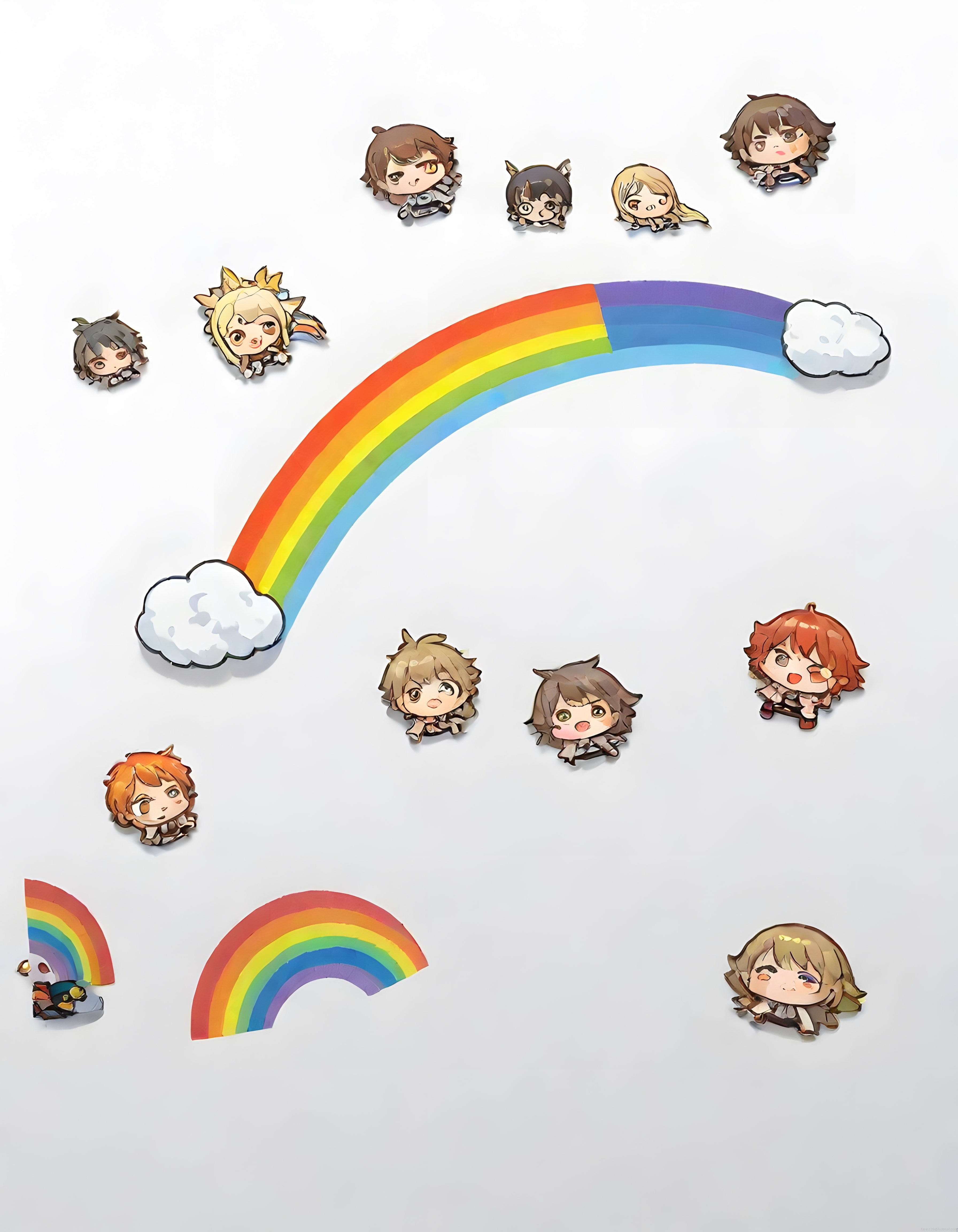 Beyaz Arka Planda Renkli Gökkuşağı ve Sevimli Chibi Anime Karakterleri