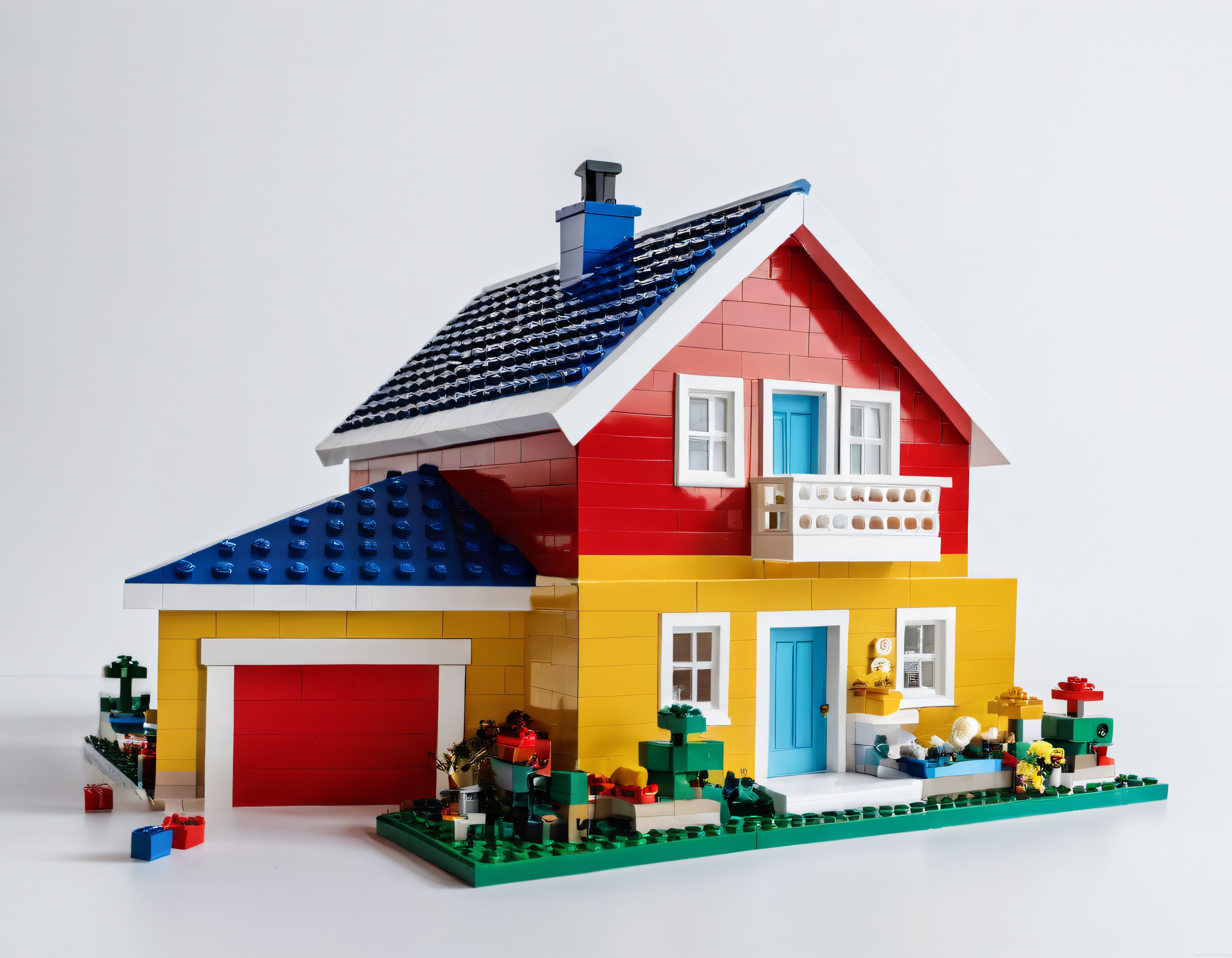 Beyaz Arka Planda Renkli İki Katlı LEGO Ev ve Garaj Maketi Detayı