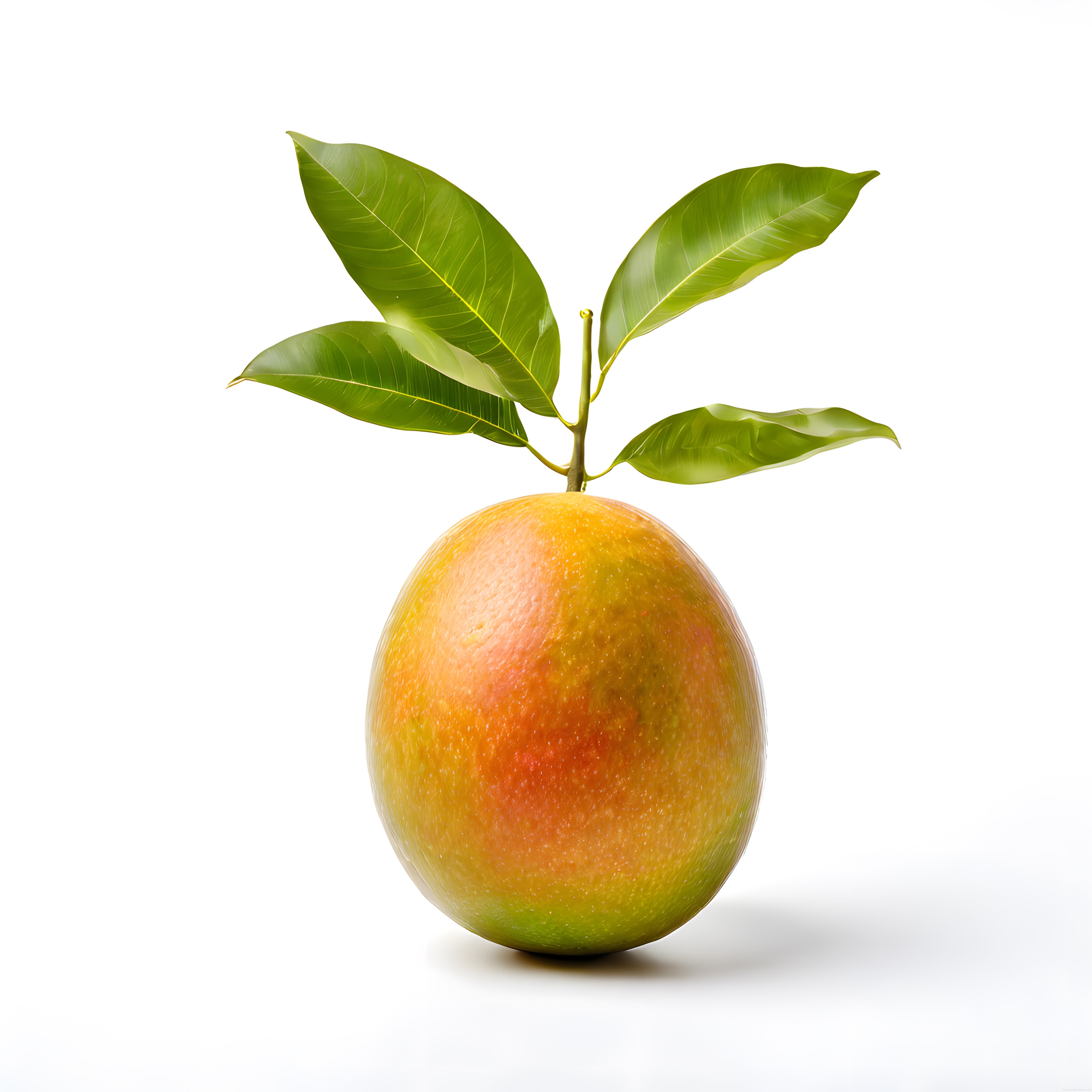 Beyaz arka planda sapında taze yeşil yaprakları olan olgun mango meyvesi