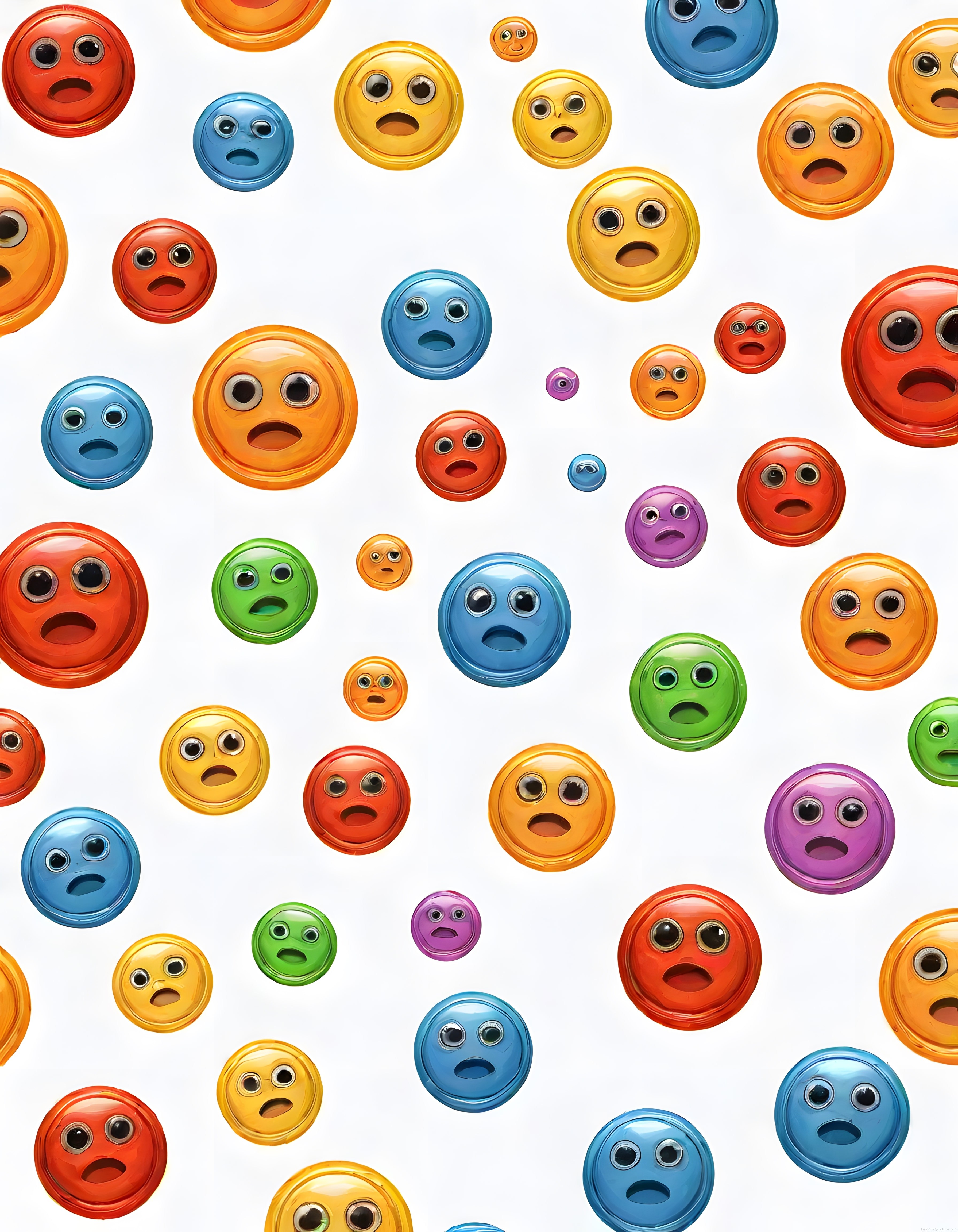 beyaz arka planda şaşkın renkli 3d emoji yüzlerin düzenli düzensiz dağılımı