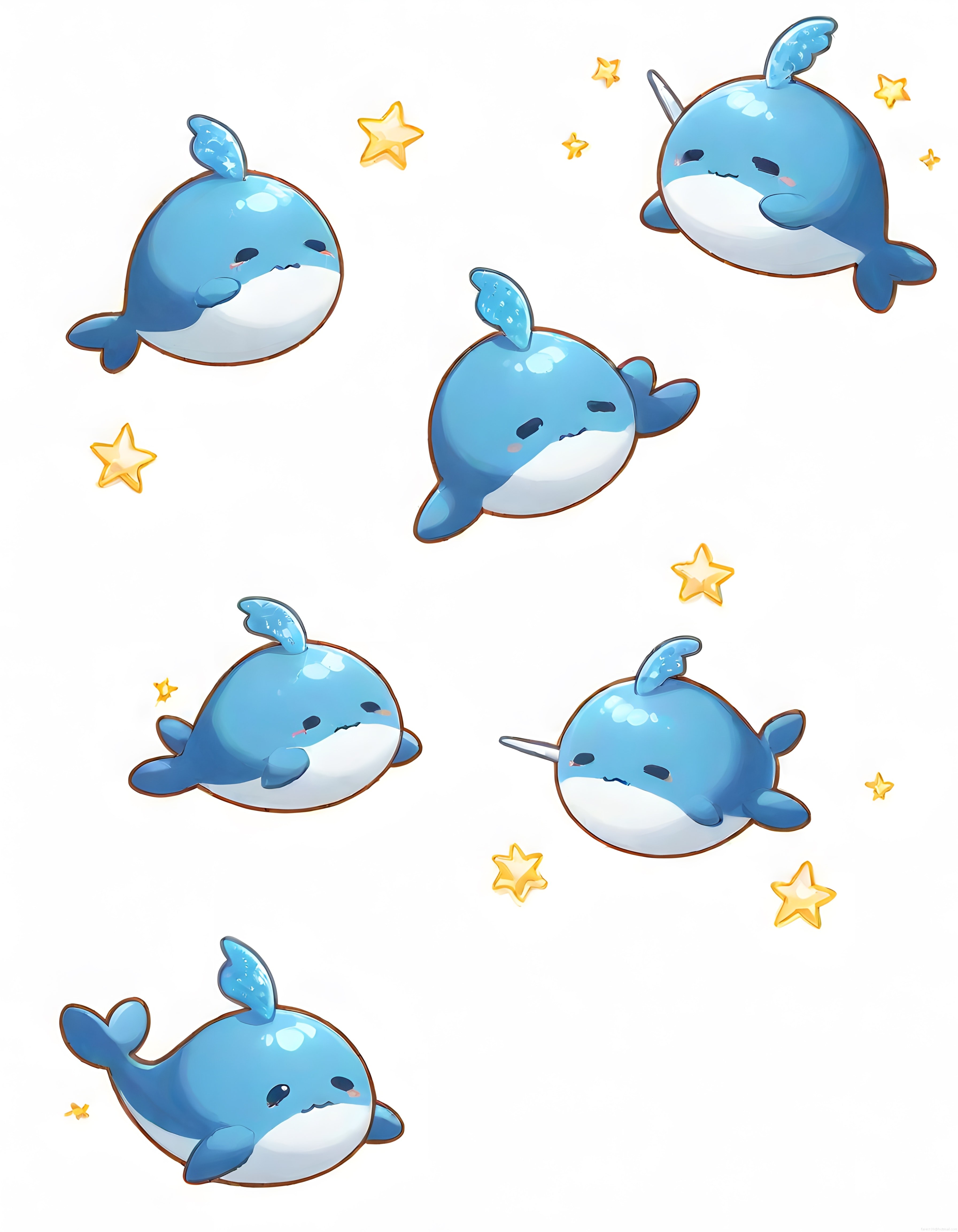 Beyaz arka planda sevimli kawaii balina ve narwhal karikatür illüstrasyonları